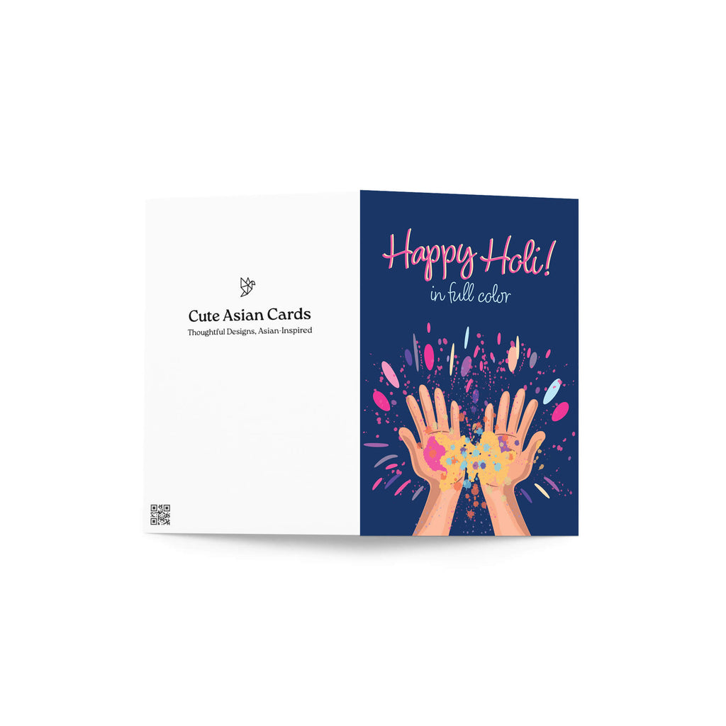 indian Greeting card with 'Happy Holi!' text and colorful hands holding gulal powder splashes on a blue background for the hindu festival of colors