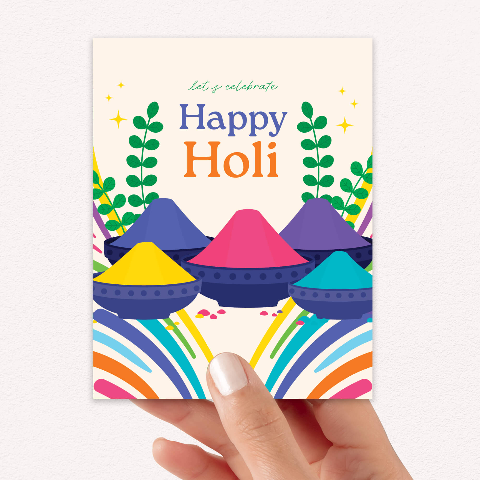 hindu greeting Card with colorful design and 'Happy Holi' text on a white background; Rainbow lines leading to stacked color gulal bowls