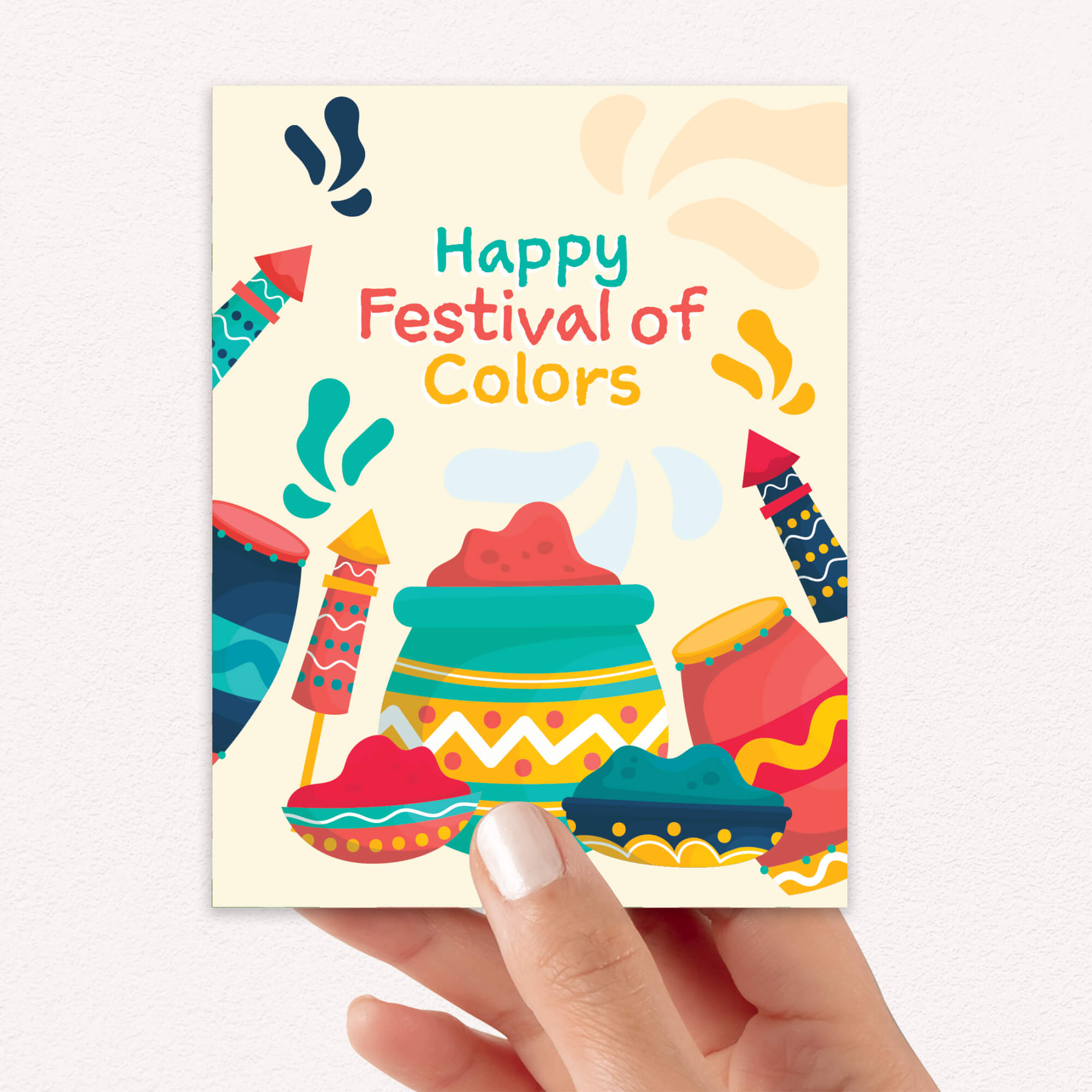 indian Greeting card with colorful illustrations of hindu festival of color and 'Happy Festival of Colors' text with gulal