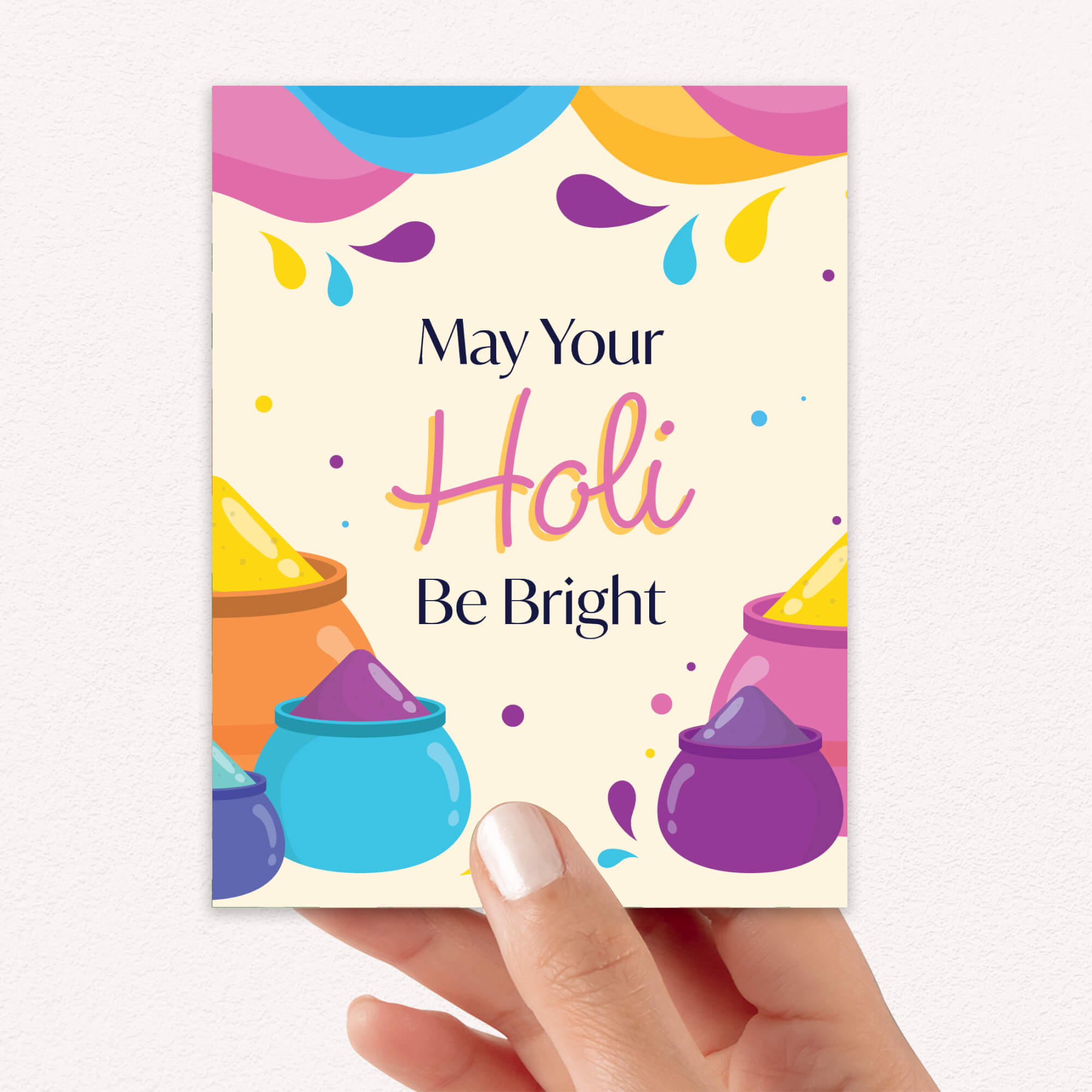 indian Greeting card with colorful Holi-themed design and text 'May Your Holi Be Bright' on a white background for  hindu festival of colors