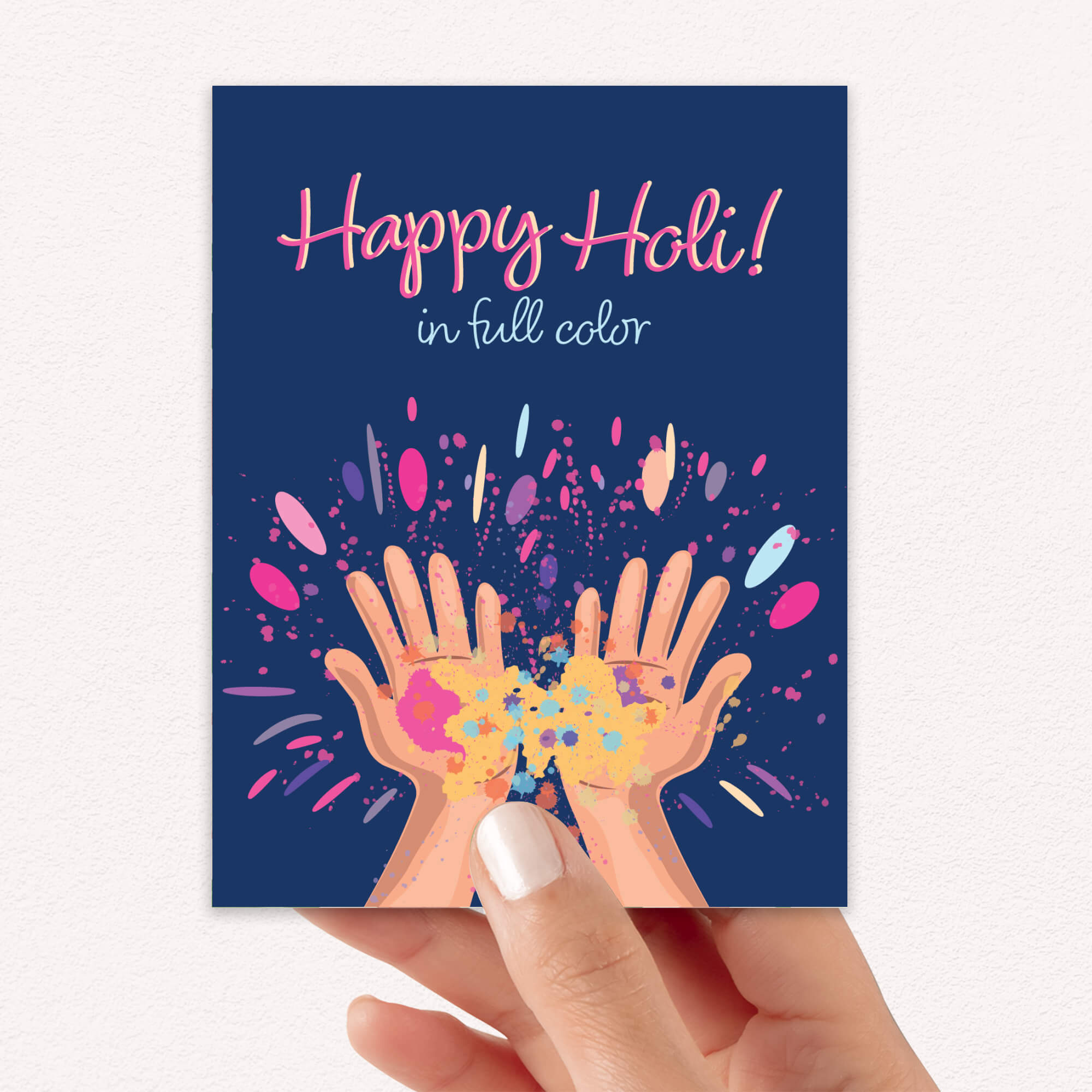 indian Greeting card with 'Happy Holi!' text and colorful hands holding gulal powder splashes on a blue background for the hindu festival of colors