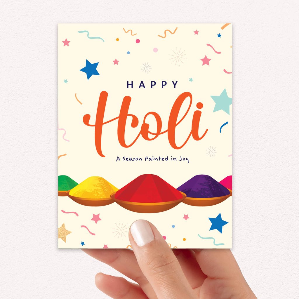 holi Greeting card with 'Happy Holi' text and colorful powder illustrations on a white background for hindu festival of color
