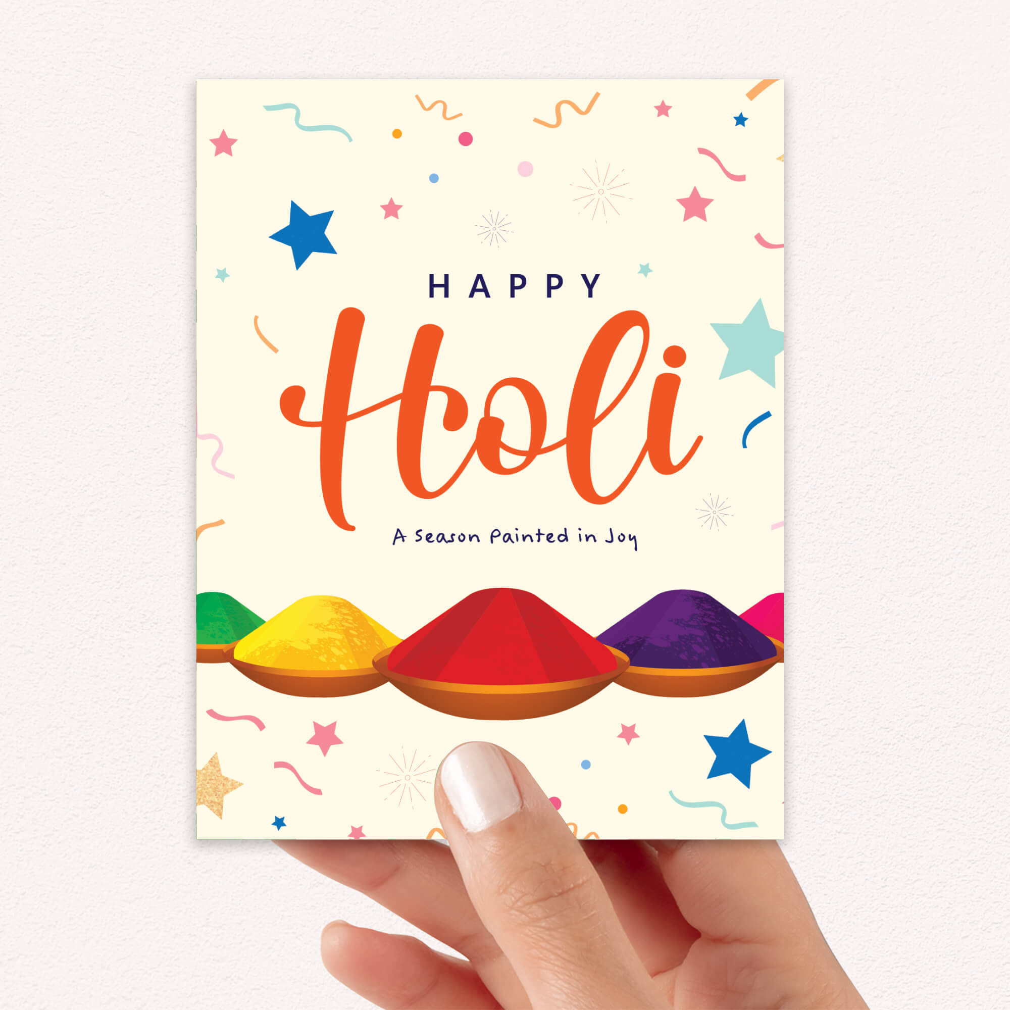 holi Greeting card with 'Happy Holi' text and colorful powder illustrations on a white background for hindu festival of color