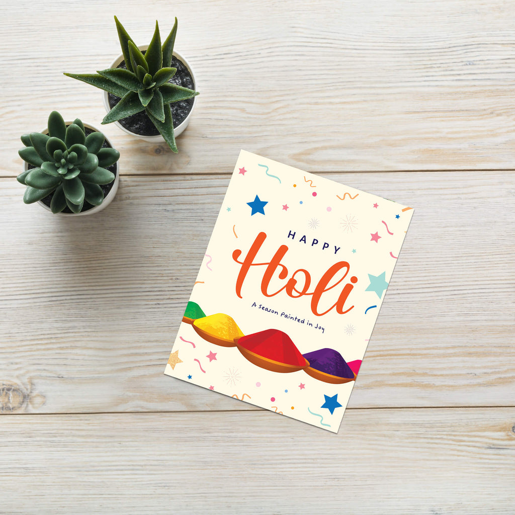 holi Greeting card with 'Happy Holi' text and colorful powder illustrations on a white background for hindu festival of color