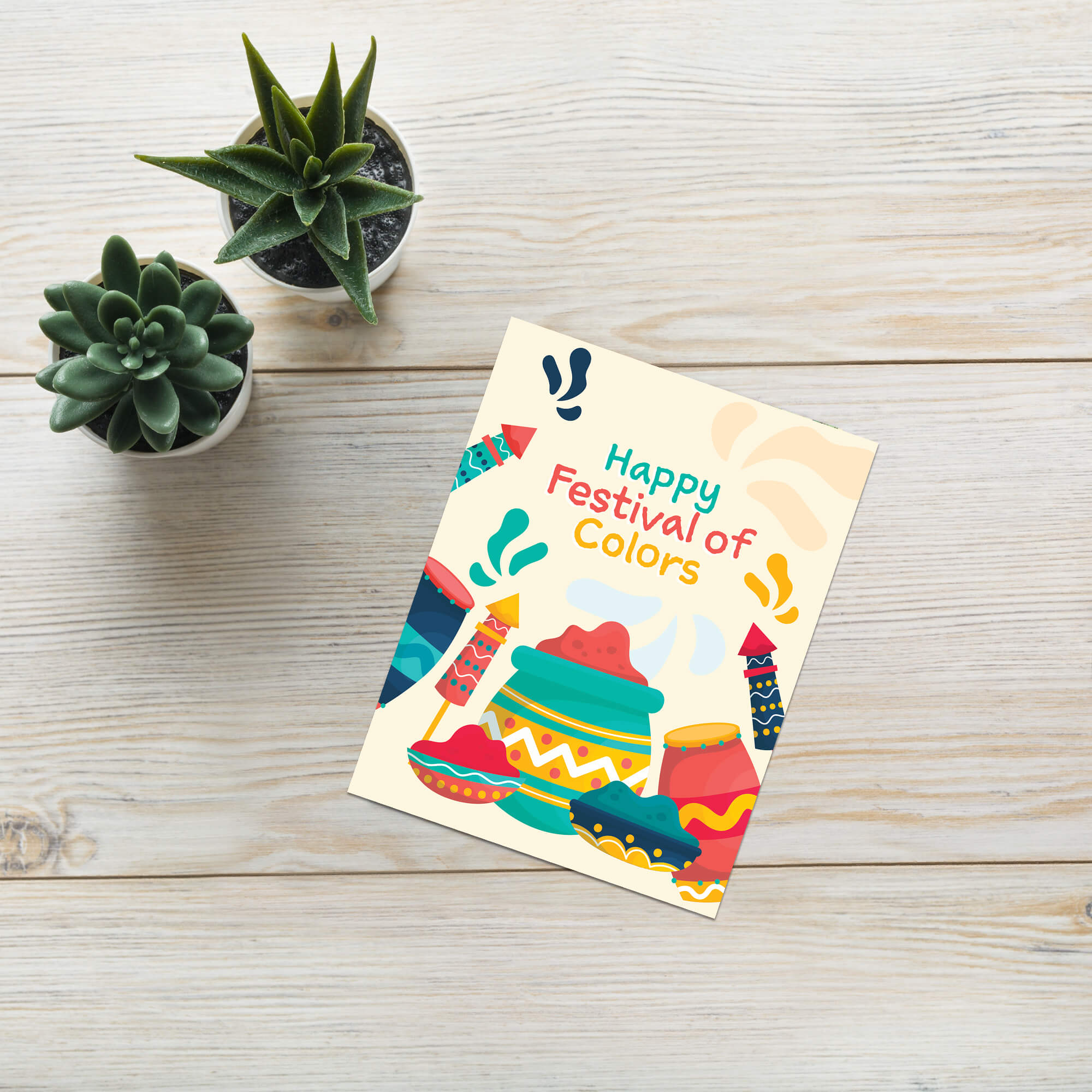 indian Greeting card with colorful illustrations of hindu festival of color and 'Happy Festival of Colors' text with gulal