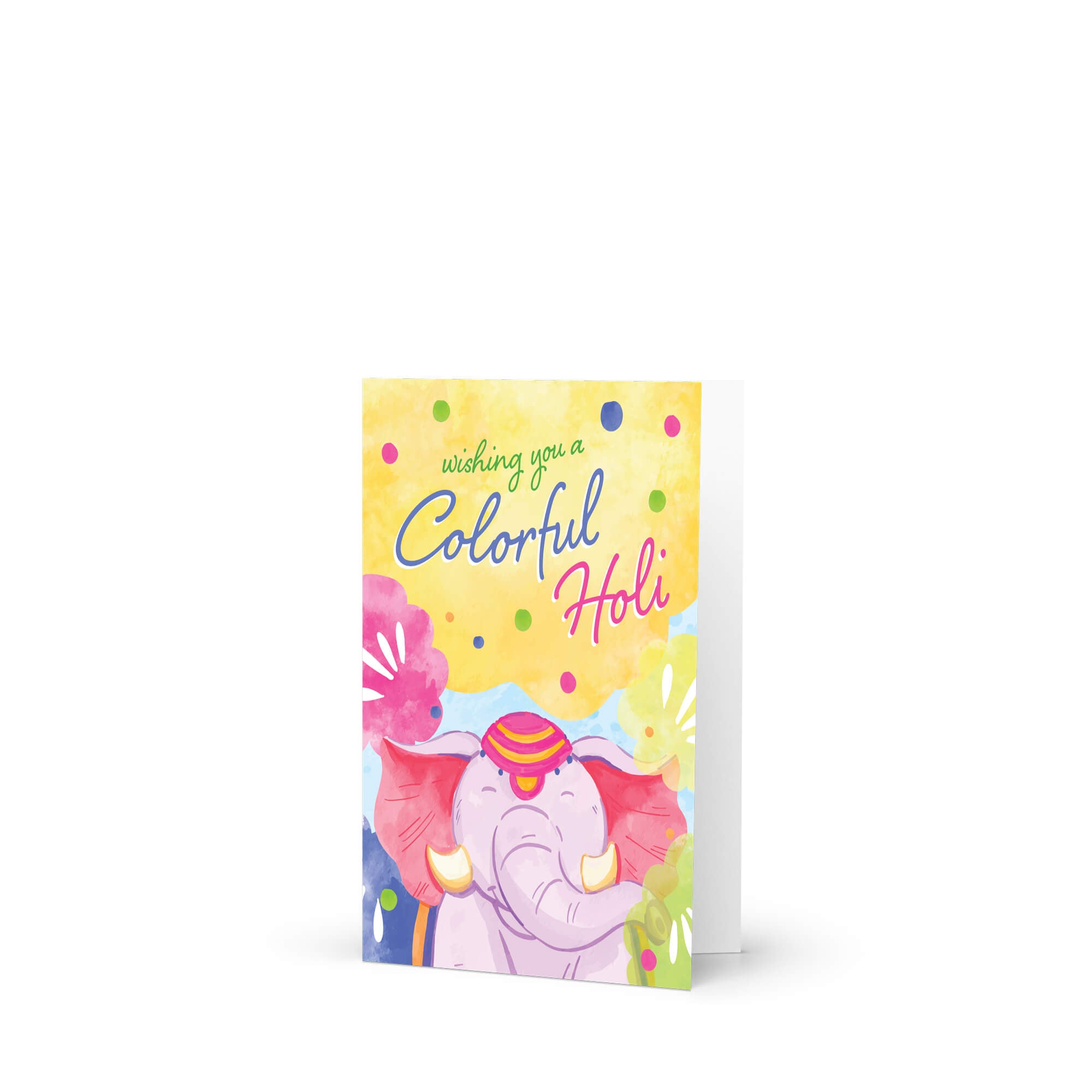 Colorful greeting card with an elephant and 'Colorful Holi' text on a white background