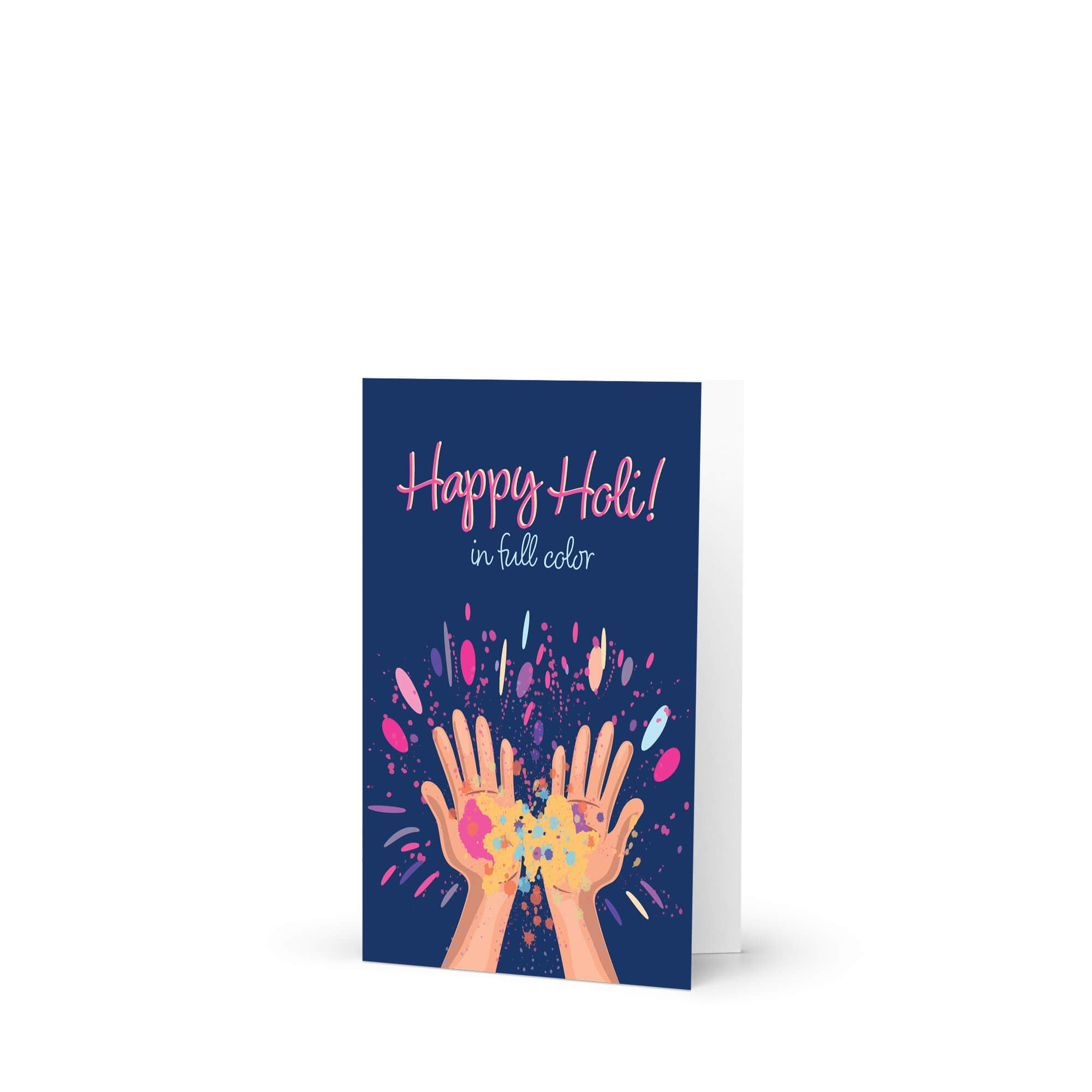 indian Greeting card with 'Happy Holi!' text and colorful hands holding gulal powder splashes on a blue background for the hindu festival of colors