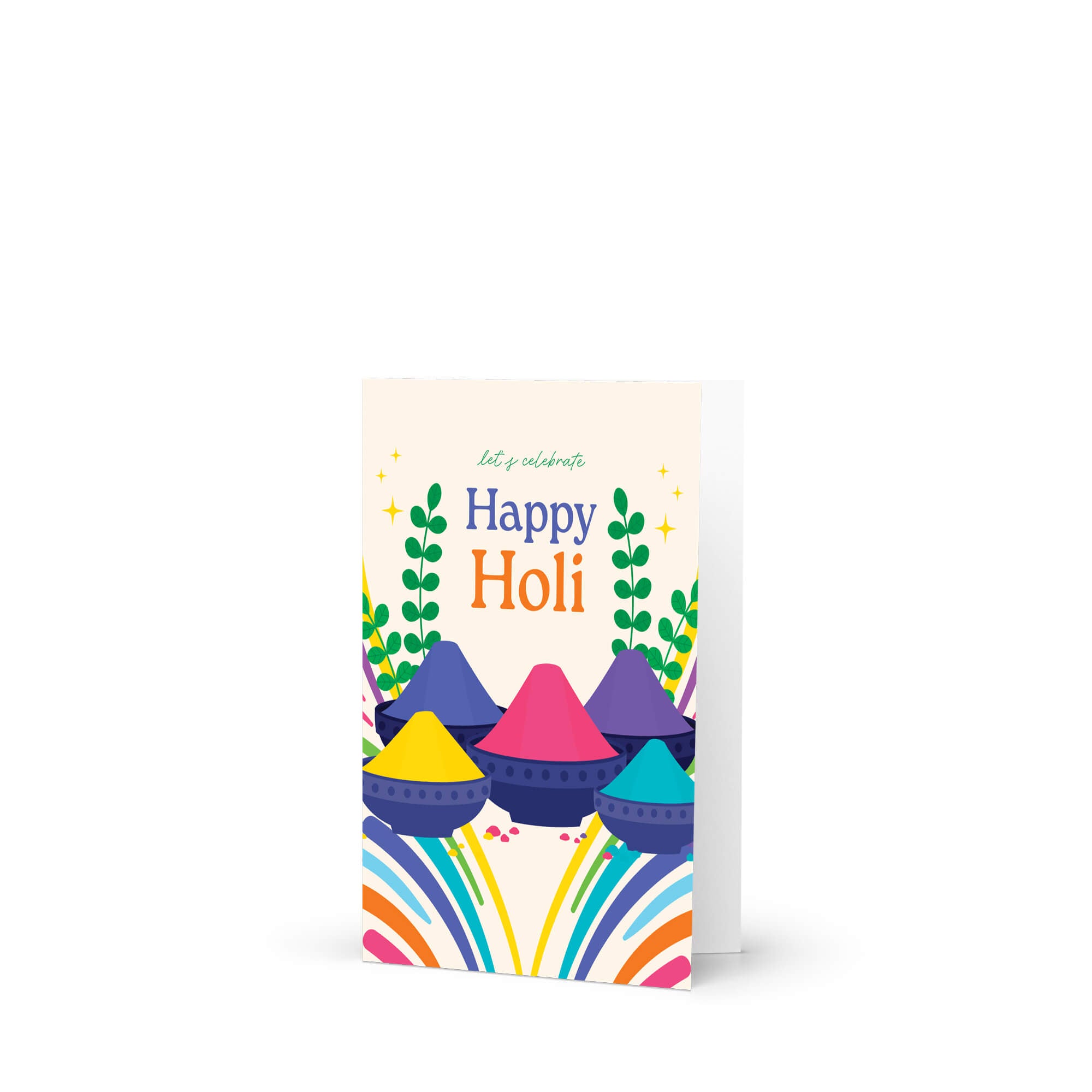 hindu greeting Card with colorful design and 'Happy Holi' text on a white background; Rainbow lines leading to stacked color gulal bowls