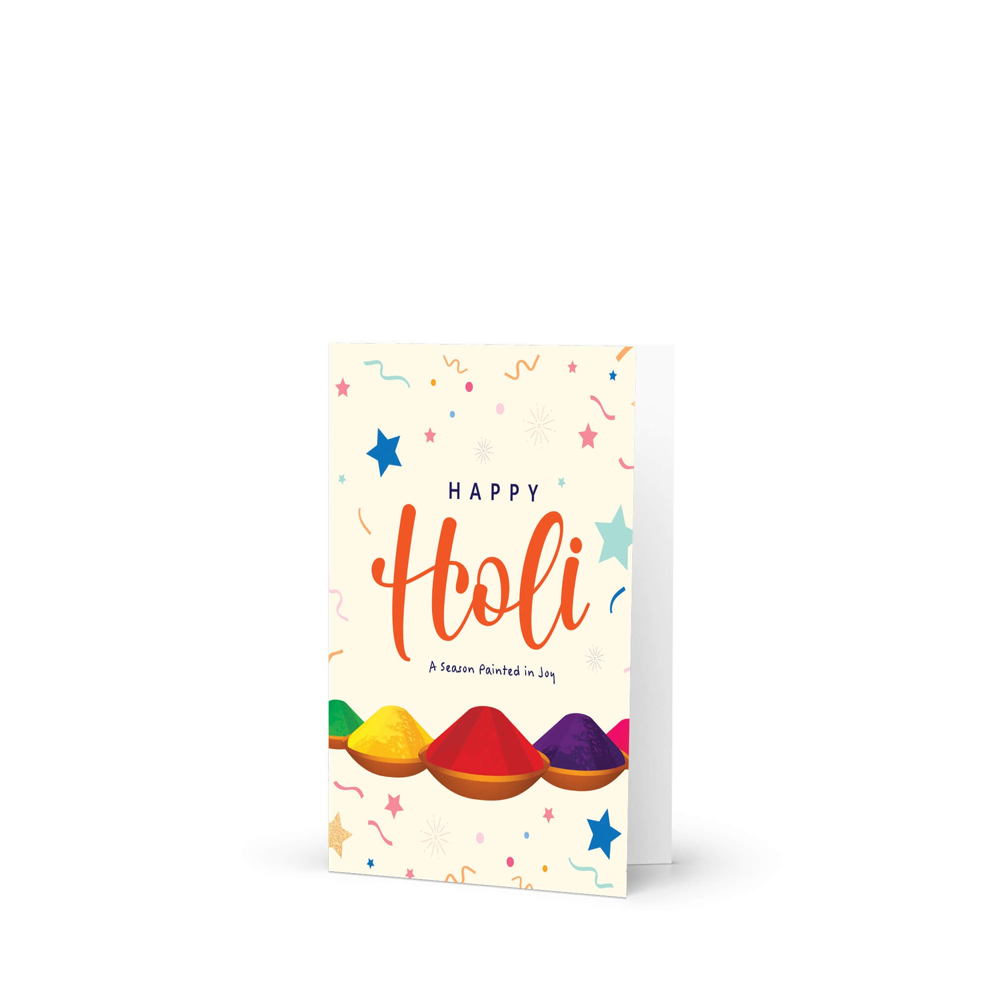 Greeting card with 'Happy Holi' text and colorful powder on a white background