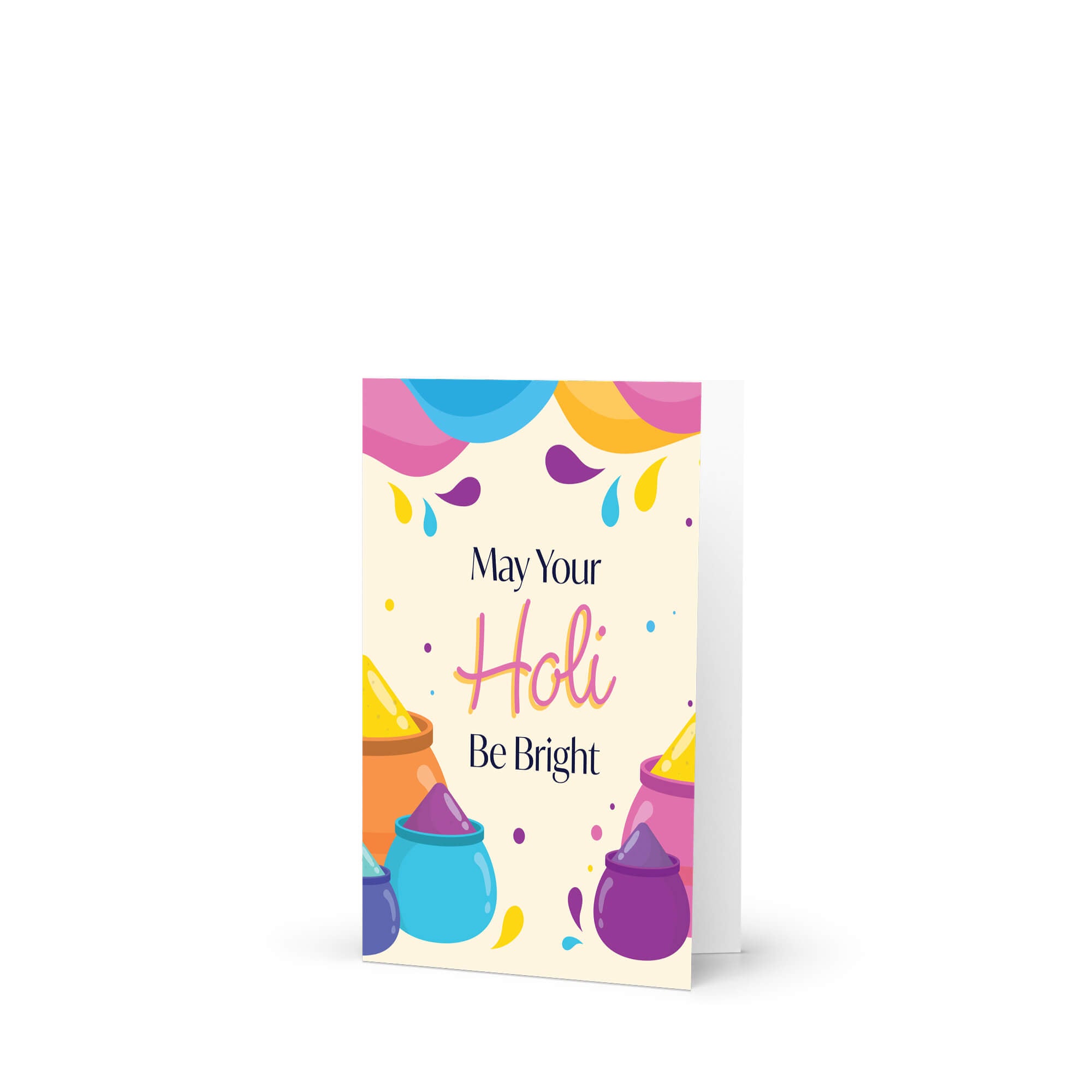 indian Greeting card with colorful Holi-themed design and text 'May Your Holi Be Bright' on a white background for  hindu festival of colors