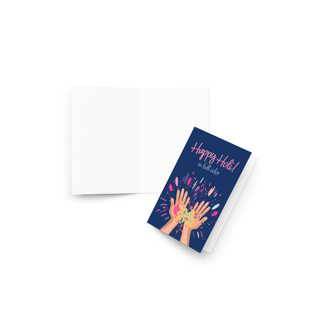 indian Greeting card with 'Happy Holi!' text and colorful hands holding gulal powder splashes on a blue background for the hindu festival of colors