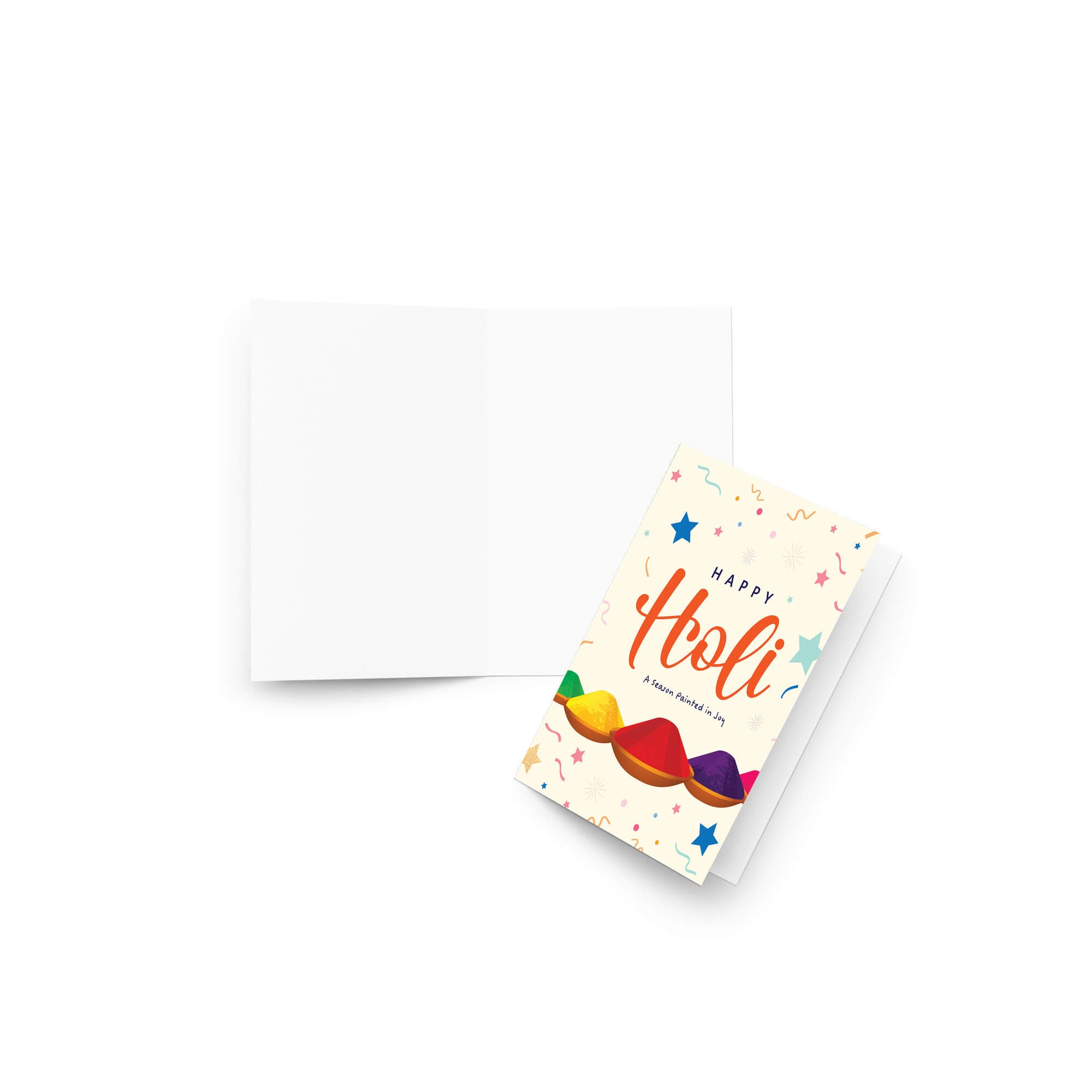holi Greeting card with 'Happy Holi' text and colorful gulal illustrations on a white background for hindu festival of color
