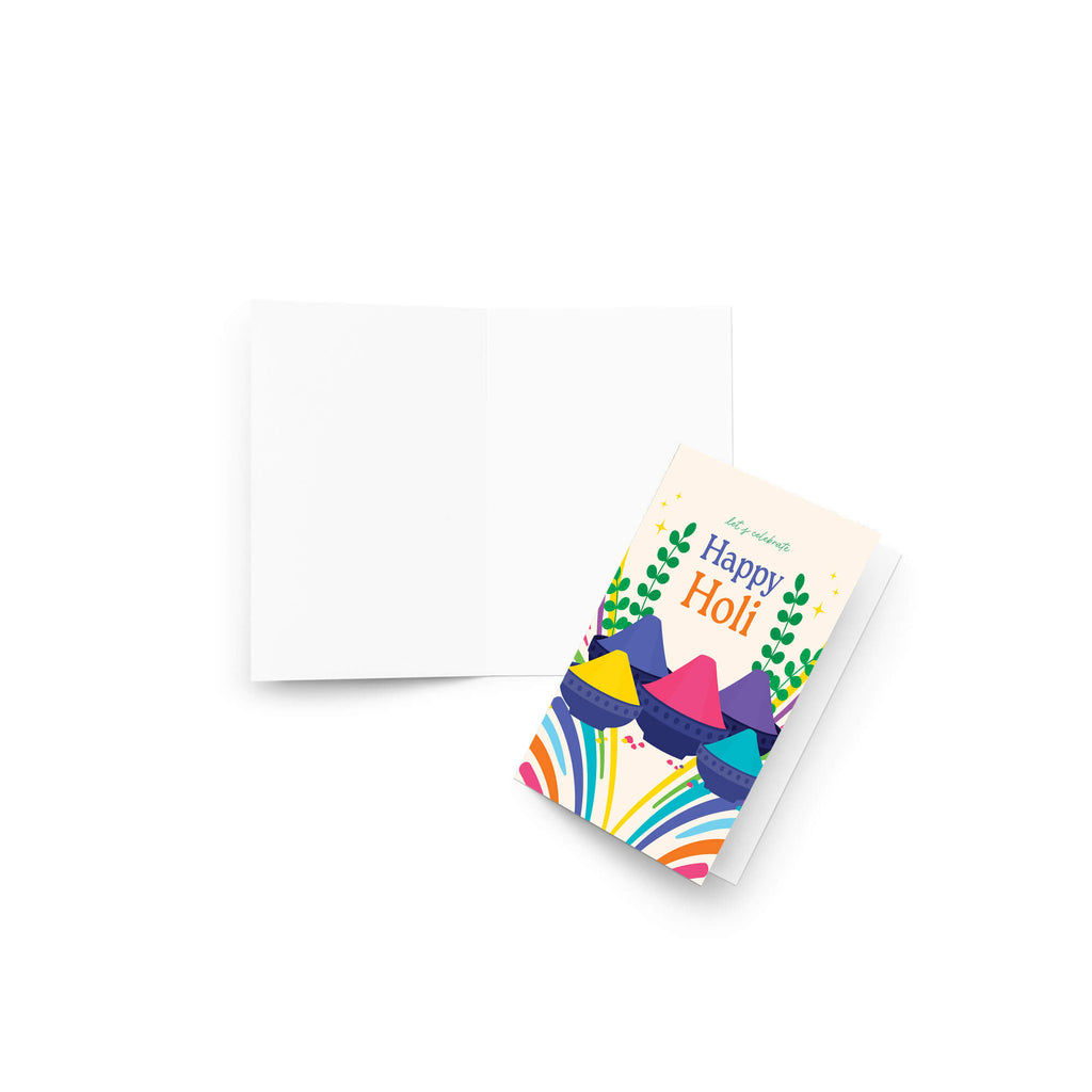 hindu greeting Card with colorful design and 'Happy Holi' text on a white background; Rainbow lines leading to stacked color gulal bowls