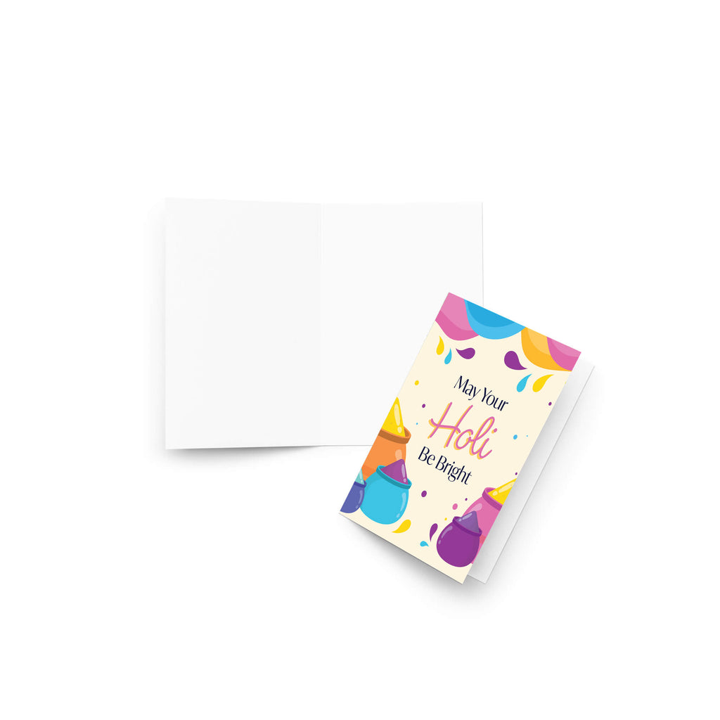 indian Greeting card with colorful Holi-themed design and text 'May Your Holi Be Bright' on a white background for  hindu festival of colors