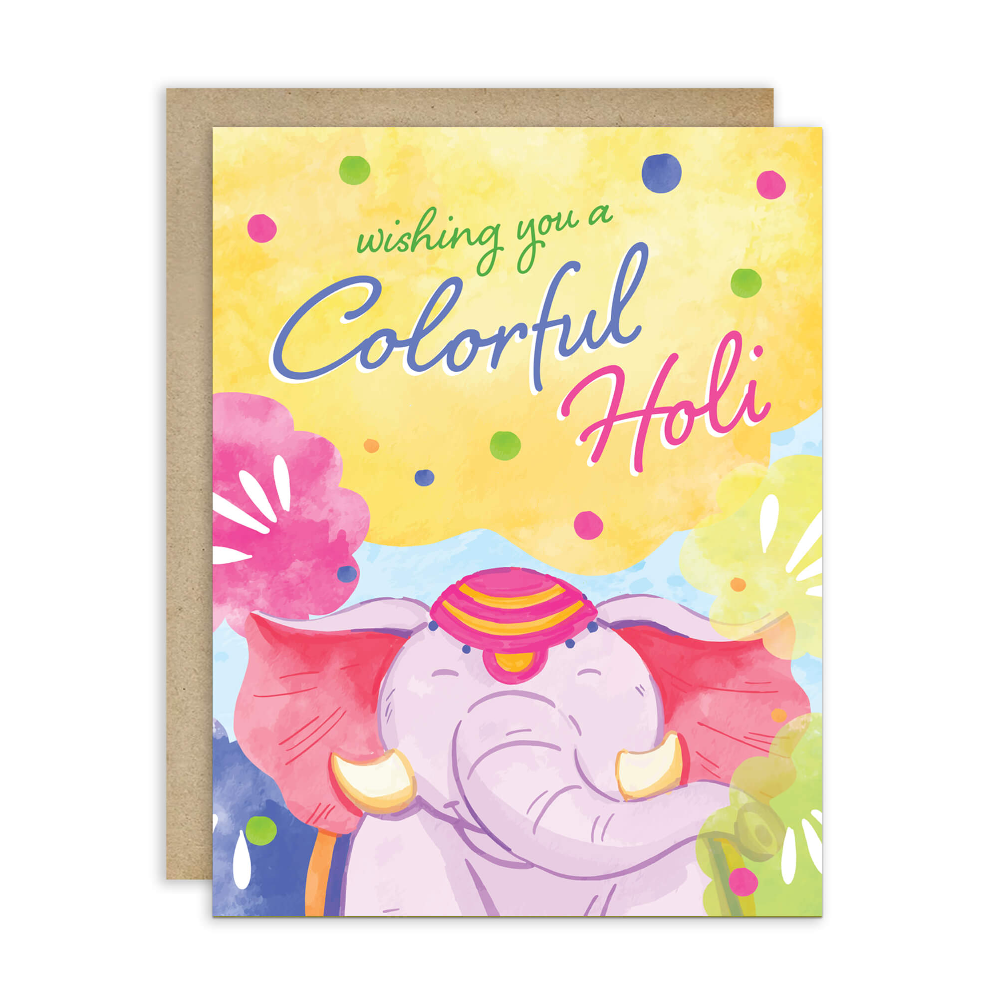 Colorful Holi greeting card with an elephant and polka dots on a white background