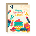 indian Greeting card with colorful illustrations of hindu festival of color and 'Happy Festival of Colors' text with gulal