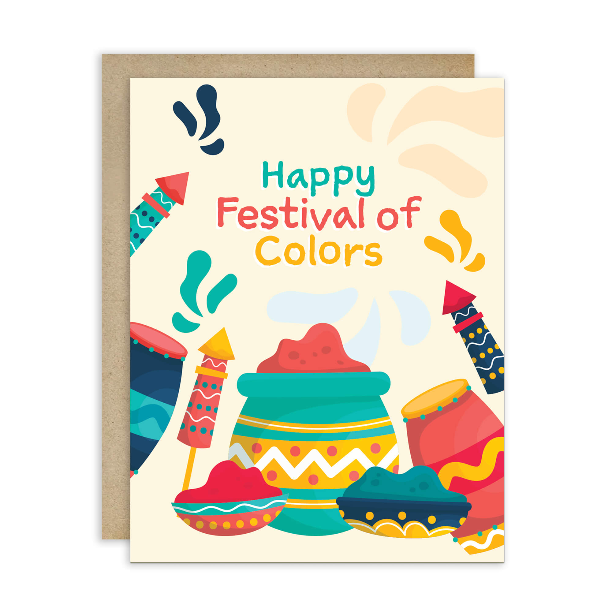 indian Greeting card with colorful illustrations of hindu festival of color and 'Happy Festival of Colors' text with gulal