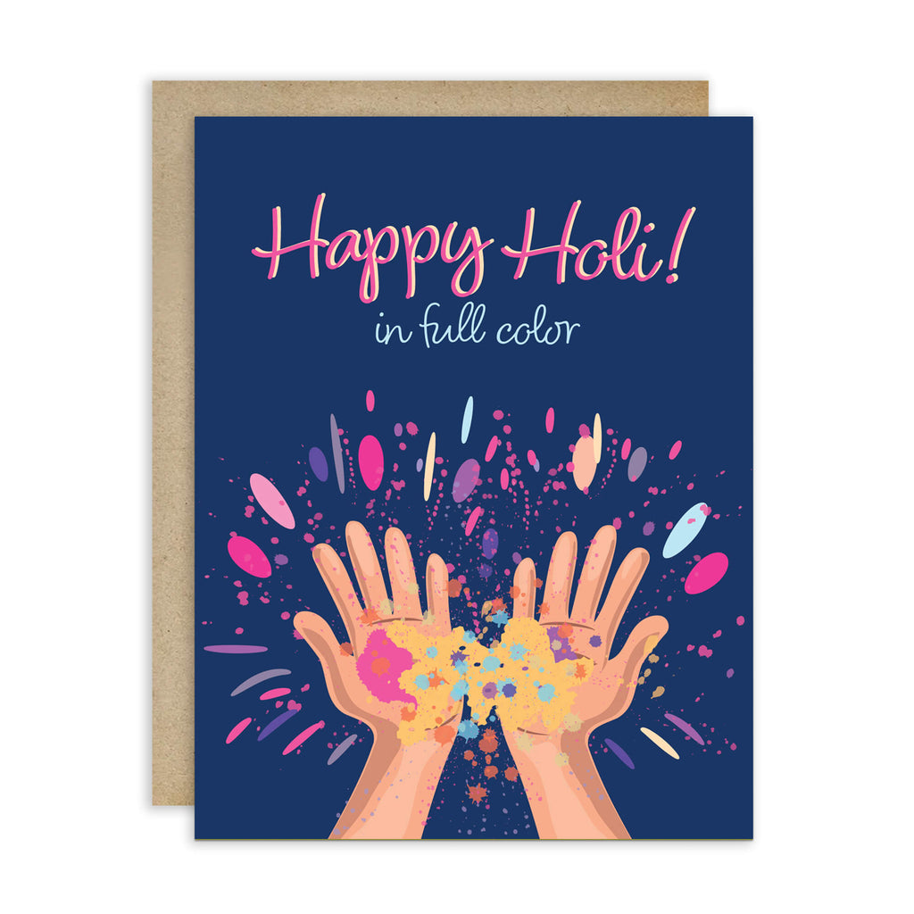 indian Greeting card with 'Happy Holi!' text and colorful hands holding gulal powder splashes on a blue background for the hindu festival of colors