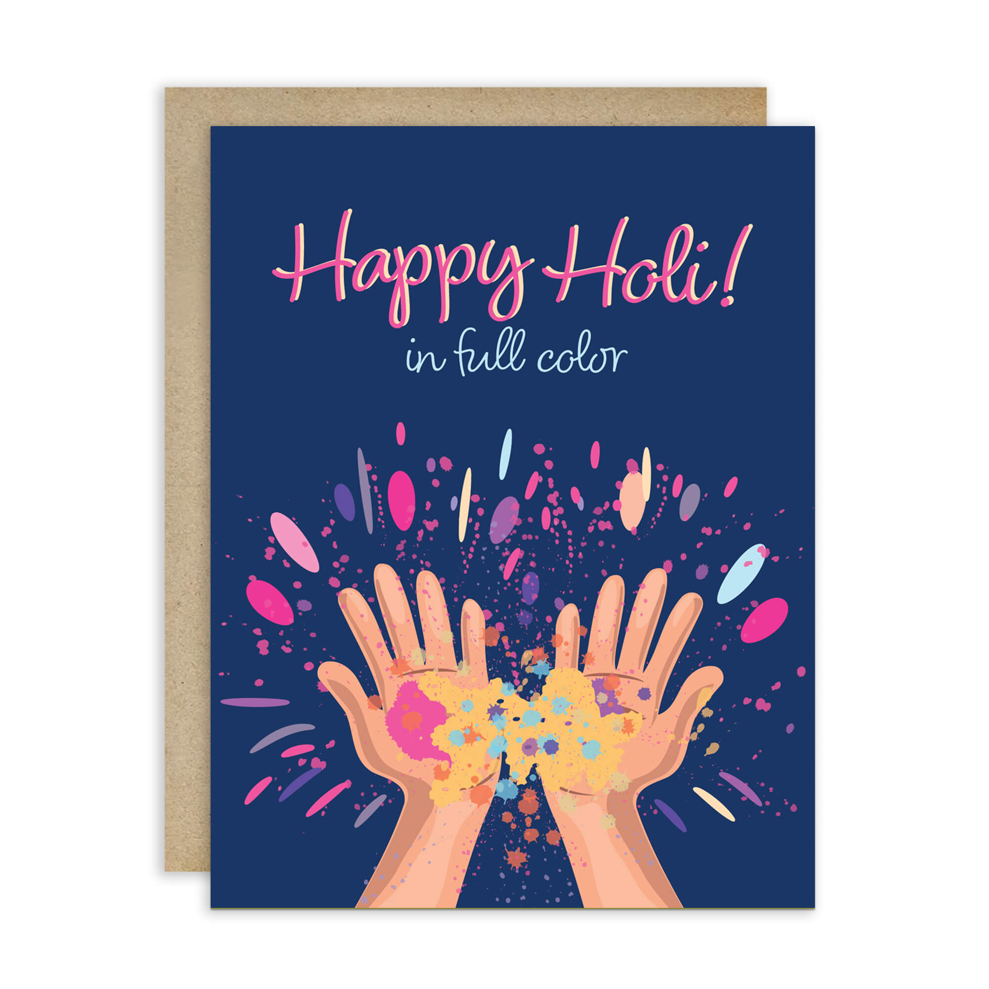 indian Greeting card with 'Happy Holi!' text and colorful hands holding gulal powder splashes on a blue background for the hindu festival of colors