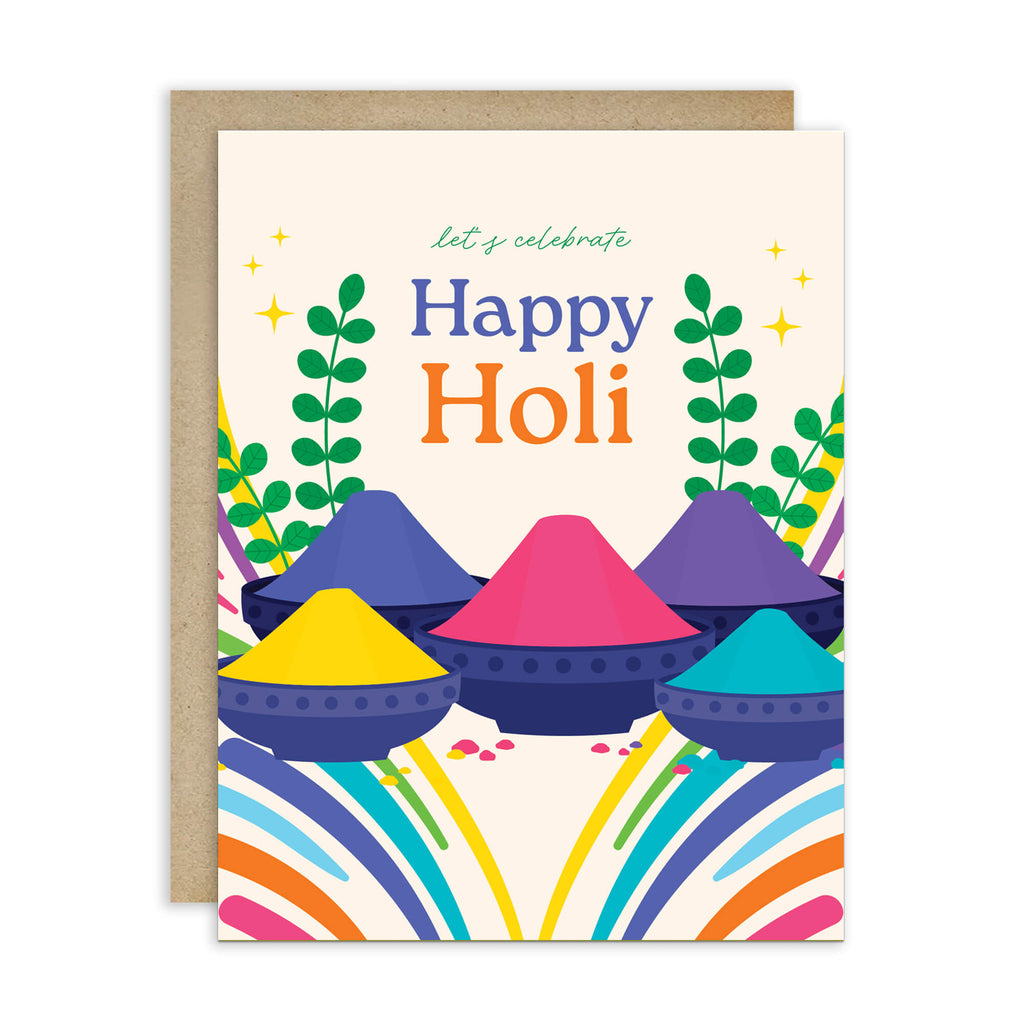 Colorful 'Happy Holi' greeting card with traditional pots and rainbow design.