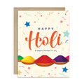 indian Greeting card with 'Happy Holi' text and colorful powder illustrations on a white background for hindu festival of color