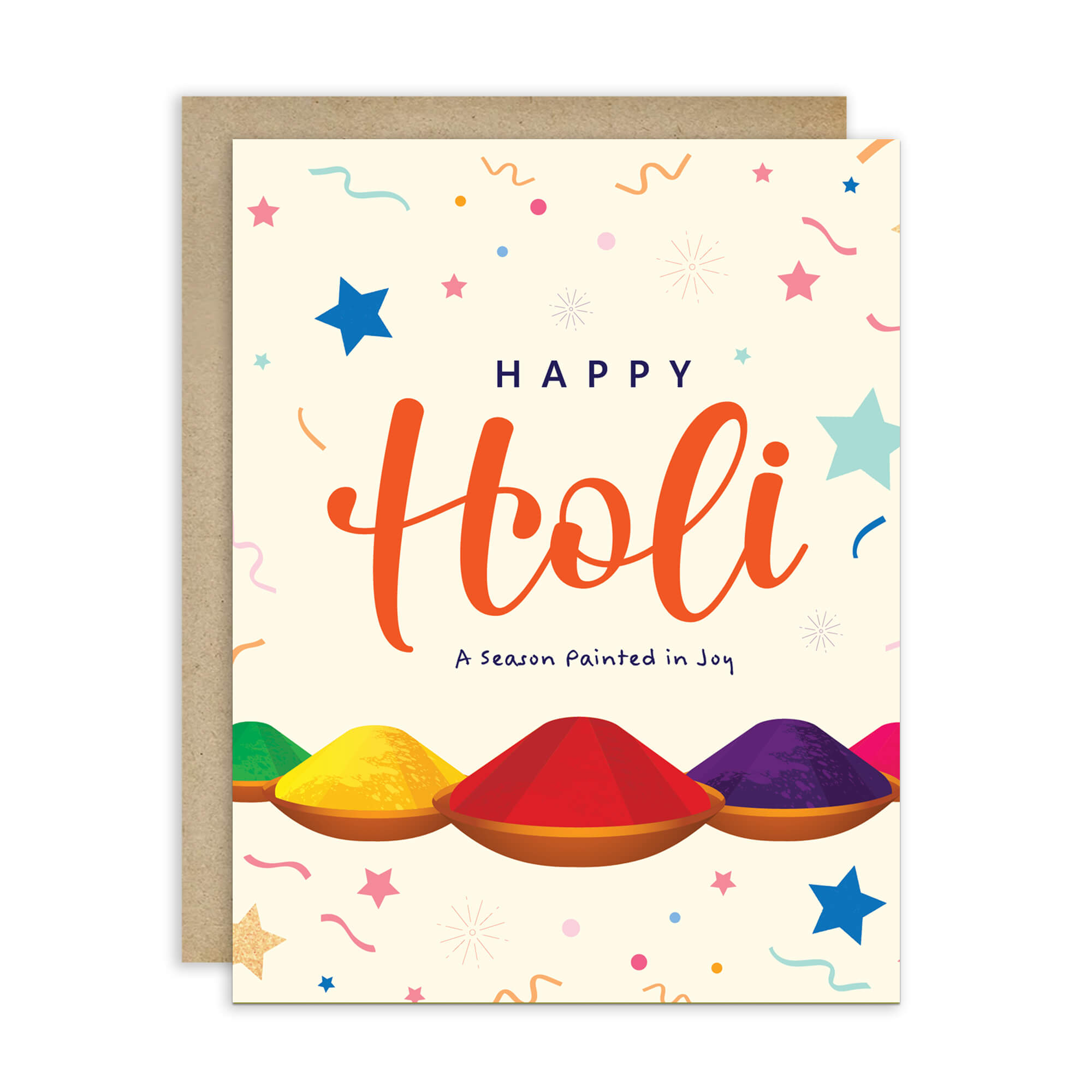 indian Greeting card with 'Happy Holi' text and colorful powder illustrations on a white background for hindu festival of color