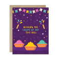 indian Greeting card with colorful design and text 'Wishing you colors of joy this Holi' on a purple background for hindu festival of colors