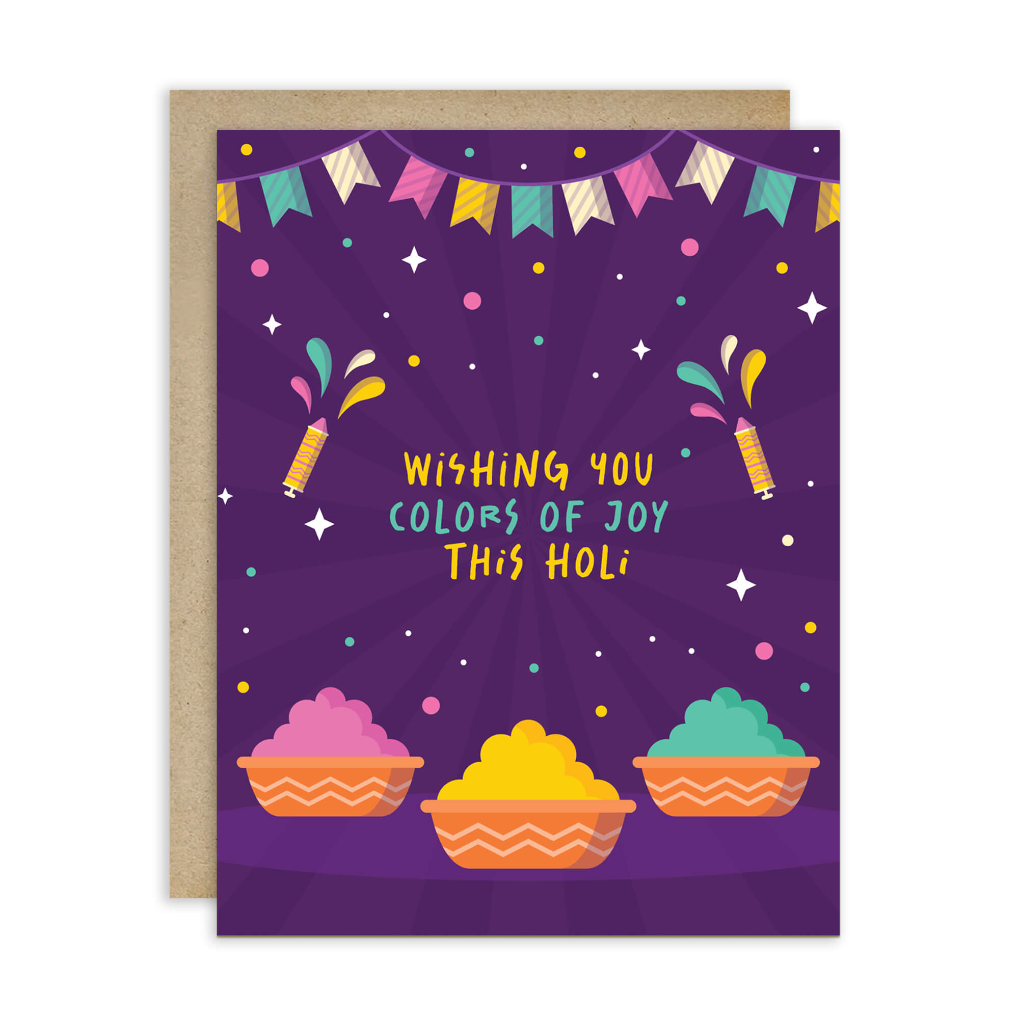 indian Greeting card with colorful design and text 'Wishing you colors of joy this Holi' on a purple background for hindu festival of colors