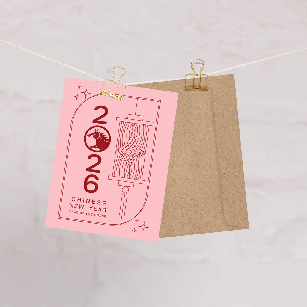 pink asian greeting Card with 2026 Chinese New Year design on a pink background