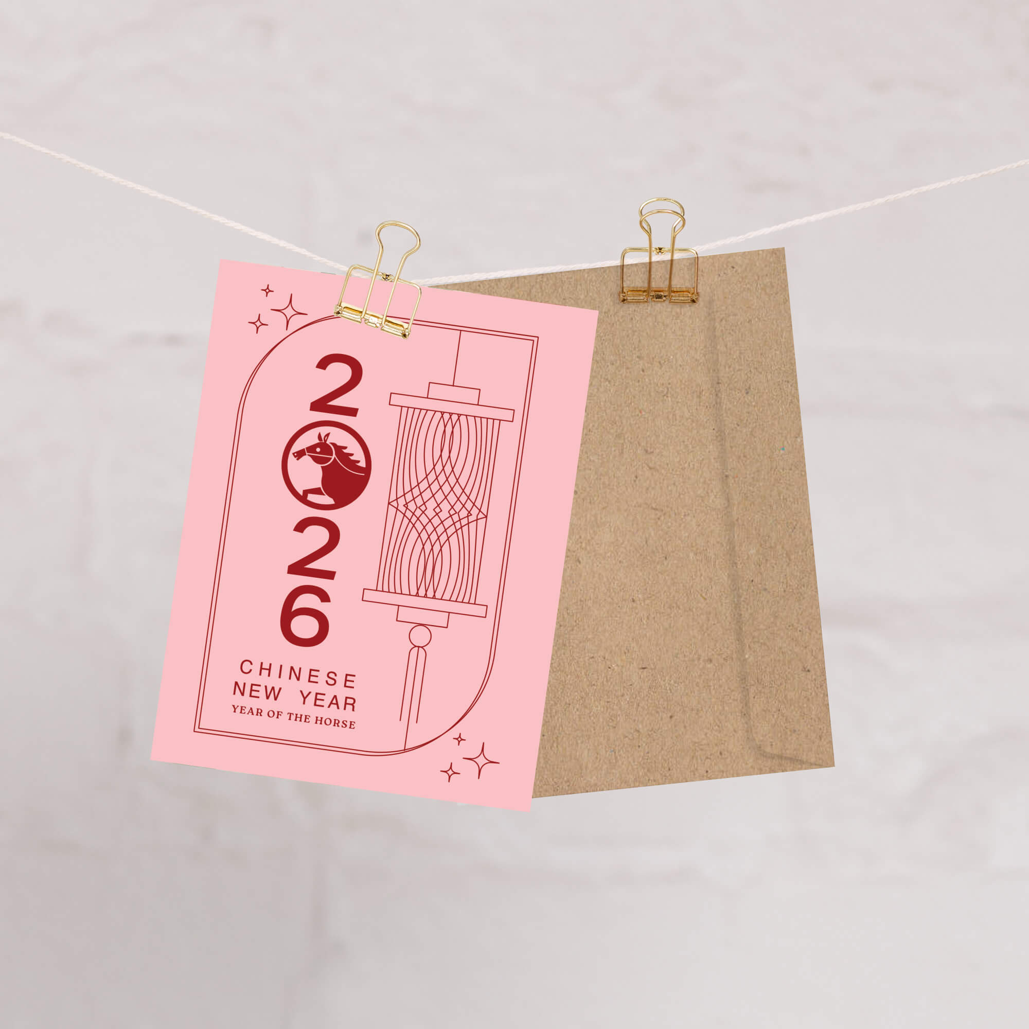 pink asian greeting Card with 2026 Chinese New Year design on a pink background