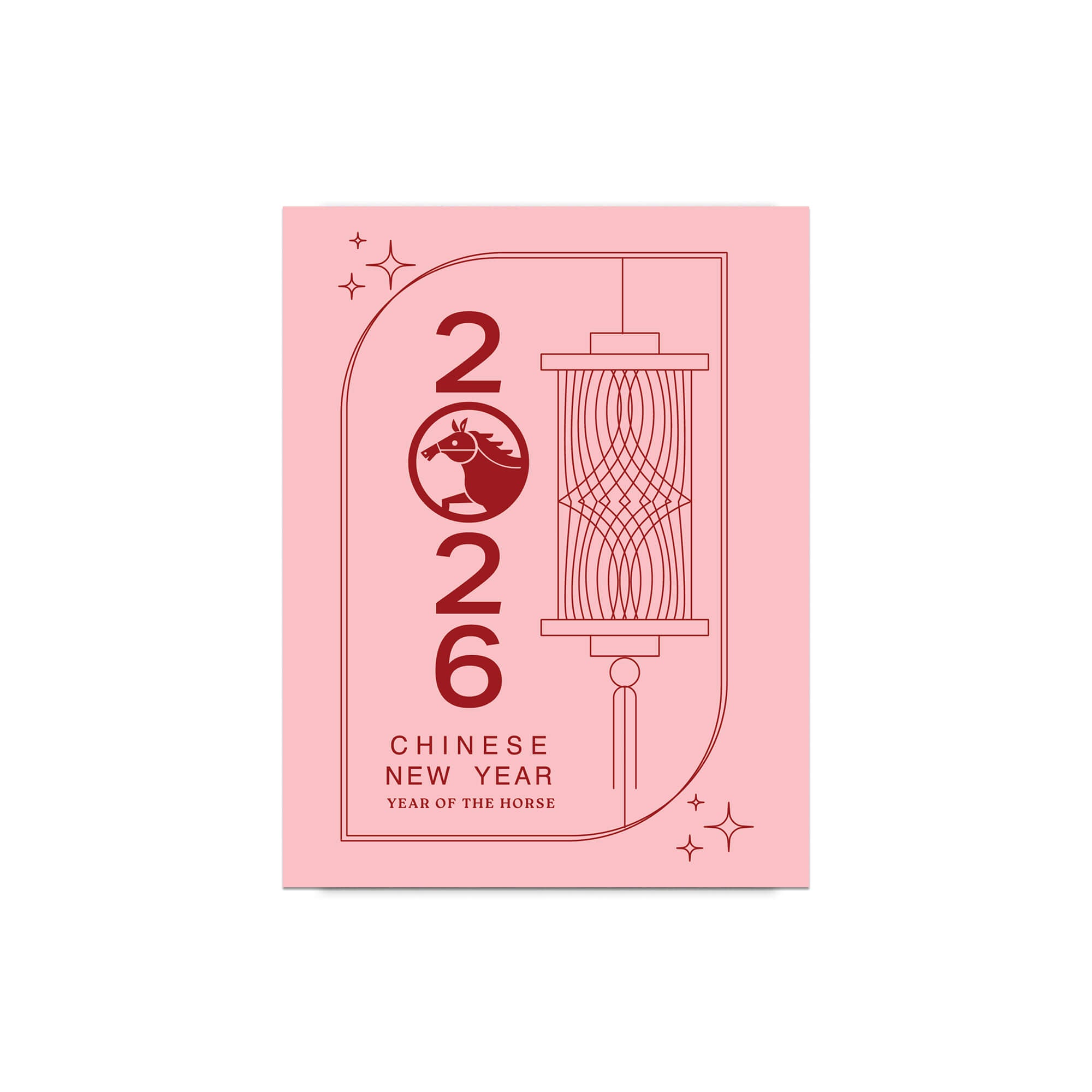 lunar new year greeting Card with '2026 Chinese New Year' text and horse design on a pink background