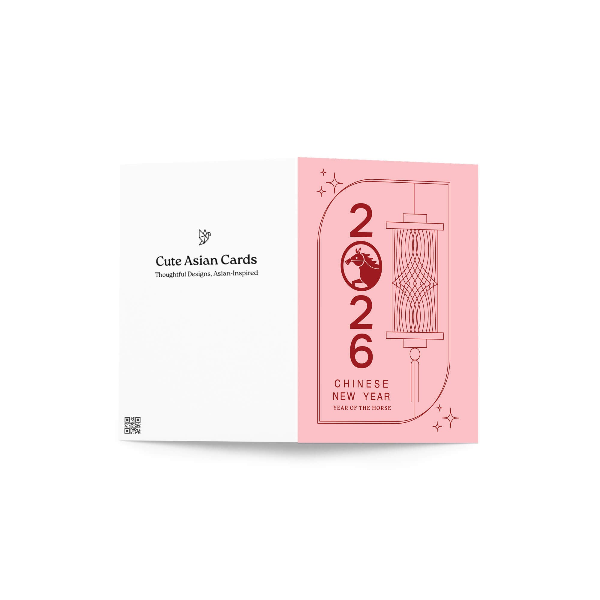 lunar new year greeting Card with '2026 Chinese New Year' text and horse design on a pink background