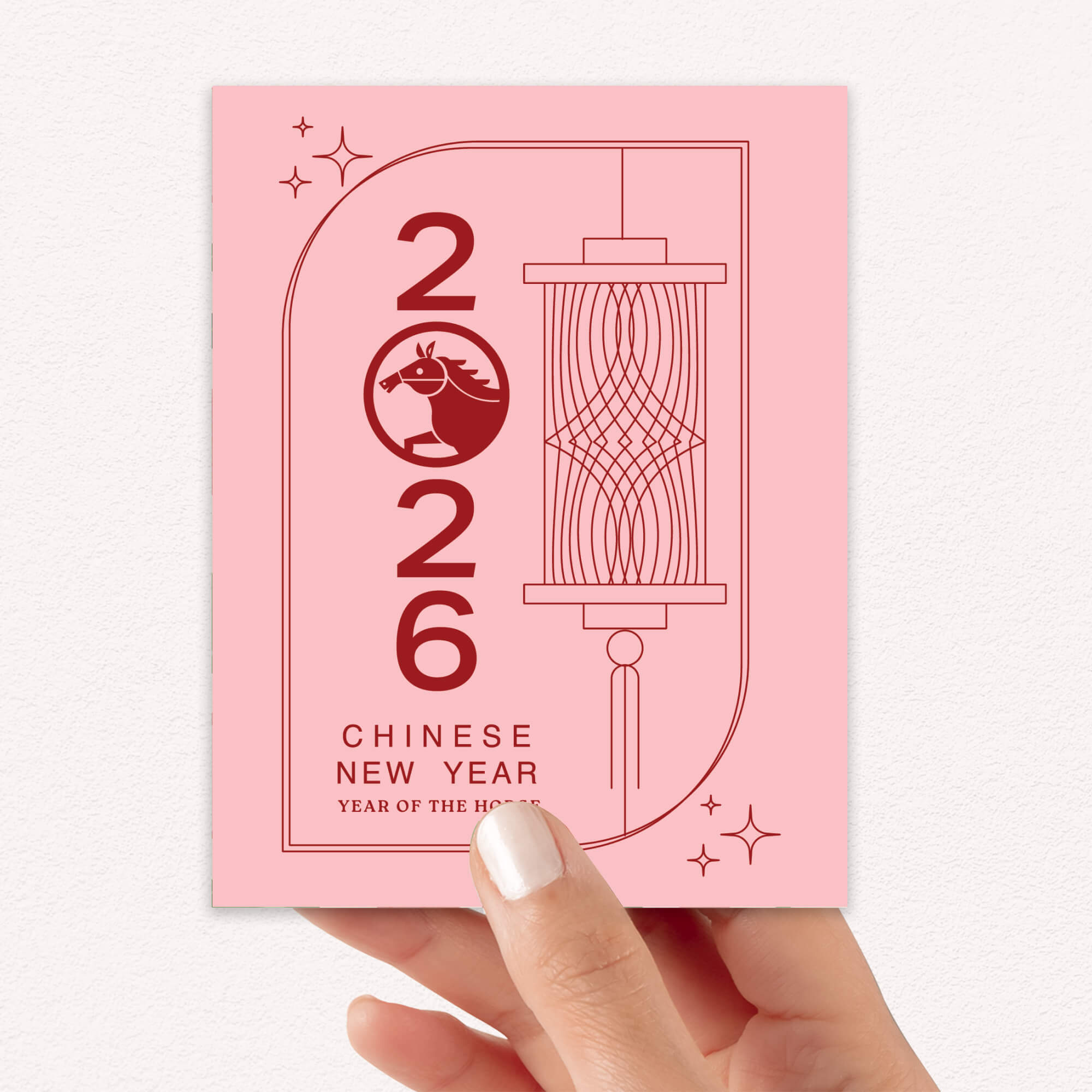 lunar new year greeting Card with '2026 Chinese New Year' text and horse design on a pink background