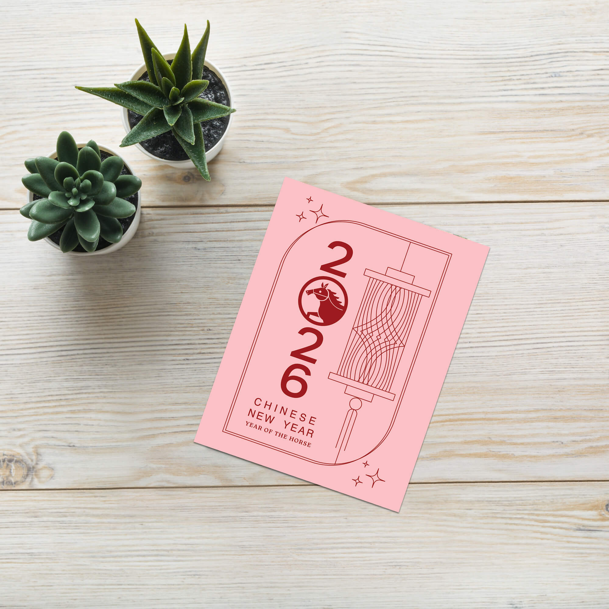 lunar new year greeting Card with '2026 Chinese New Year' text and horse design on a pink background