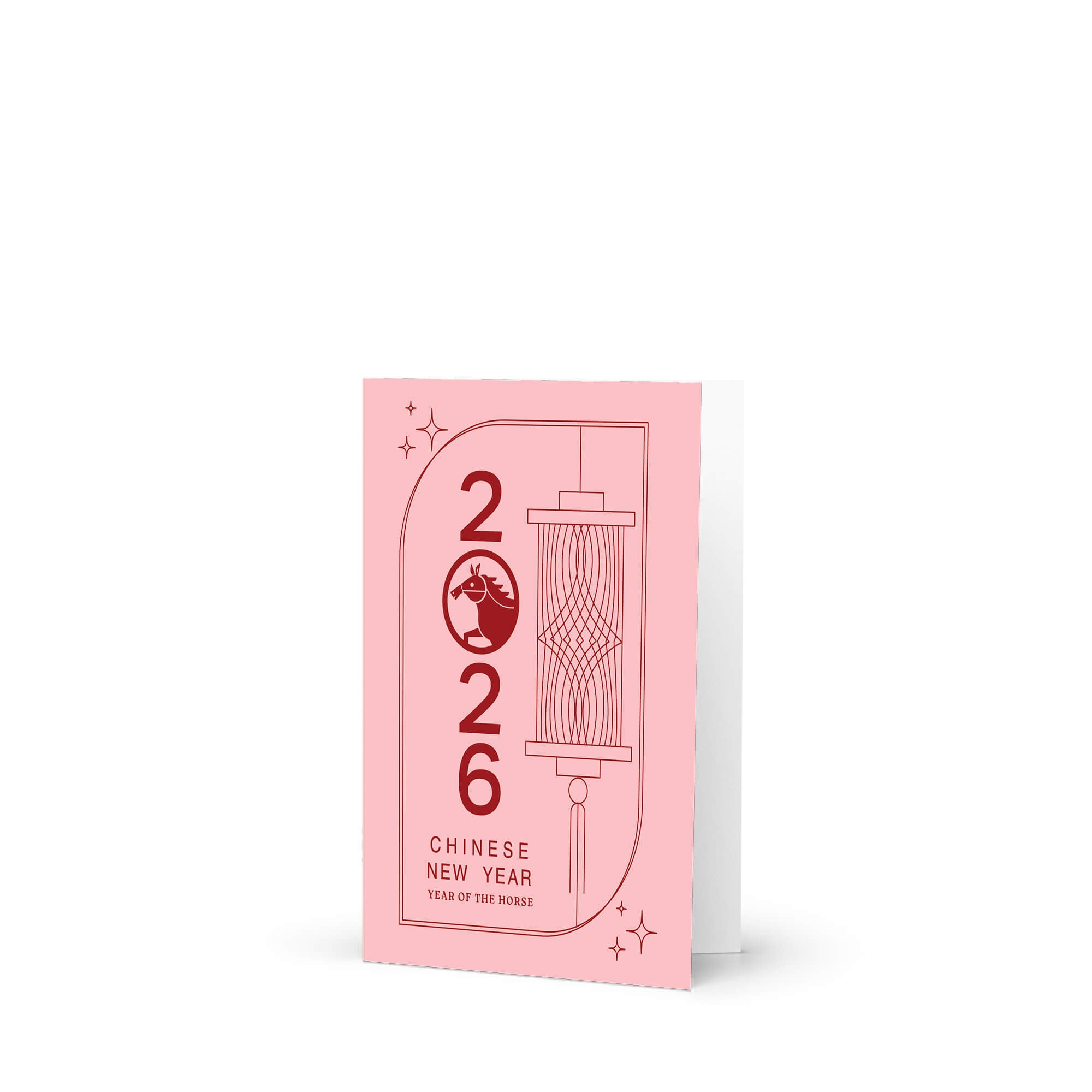 lunar new year greeting Card with '2026 Chinese New Year' text and horse design on a pink background