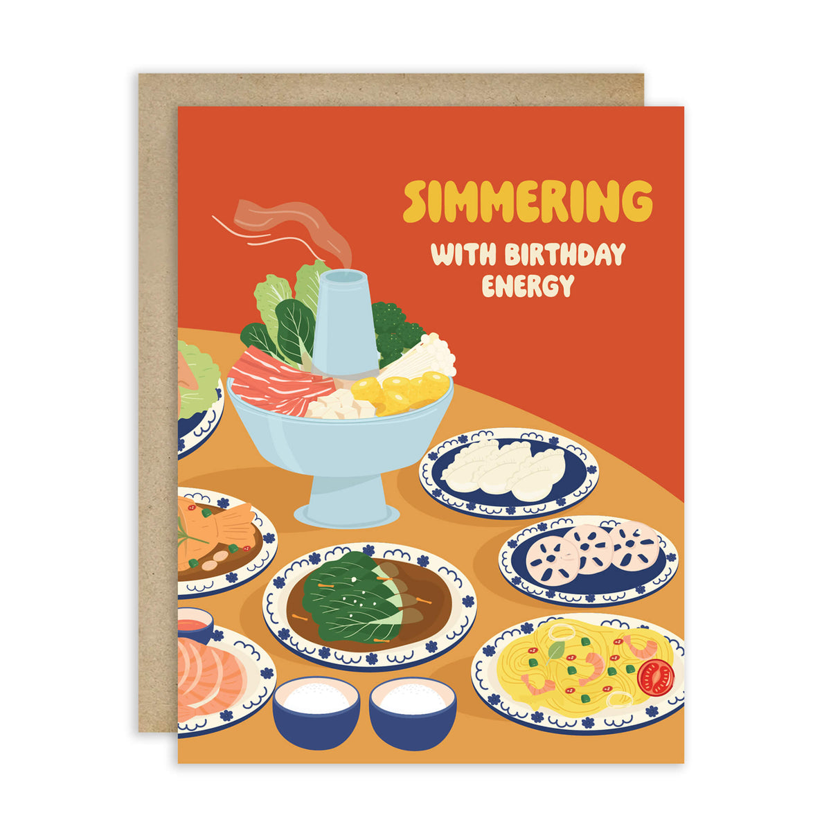 hot-pot-asian-greeting-cards-cute-birthday-happy-shabu-thai-chinese-rice-simmering Greeting card with food illustrations and 'Simmering with Birthday Energy' text on an orange background