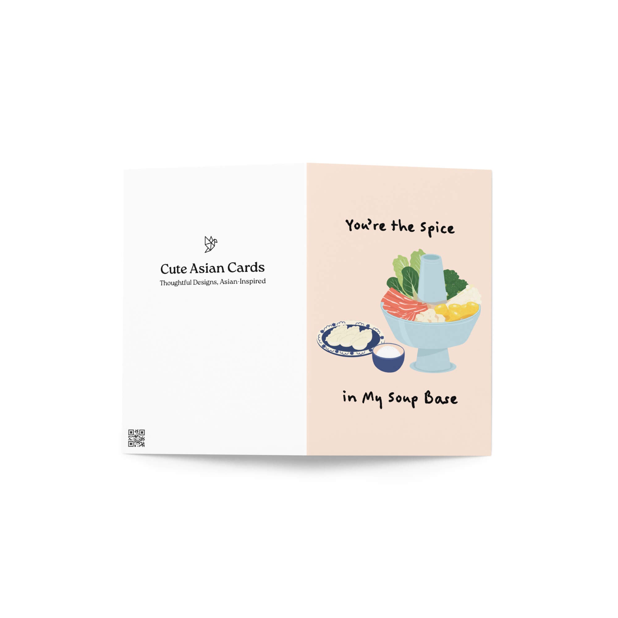 Card with food illustration and text 'You're the Spice in My Soup Base' on a white background