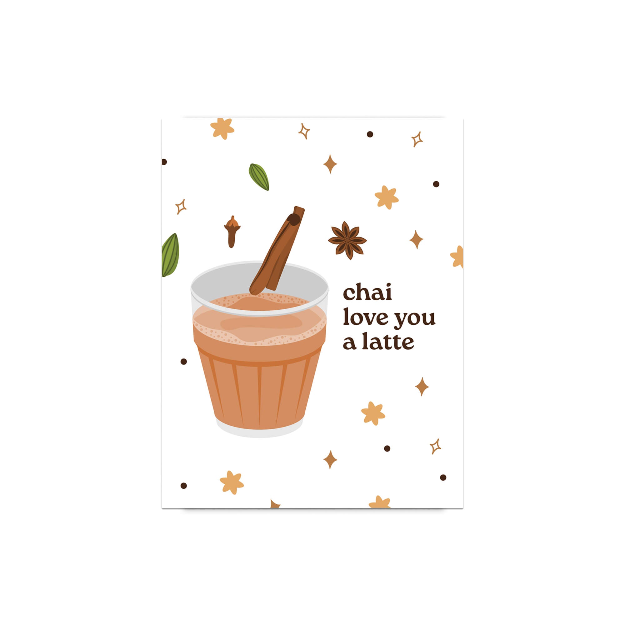 asian greeting Card with a illustration of a chai latte and text 'chai love you a latte' on a white background.