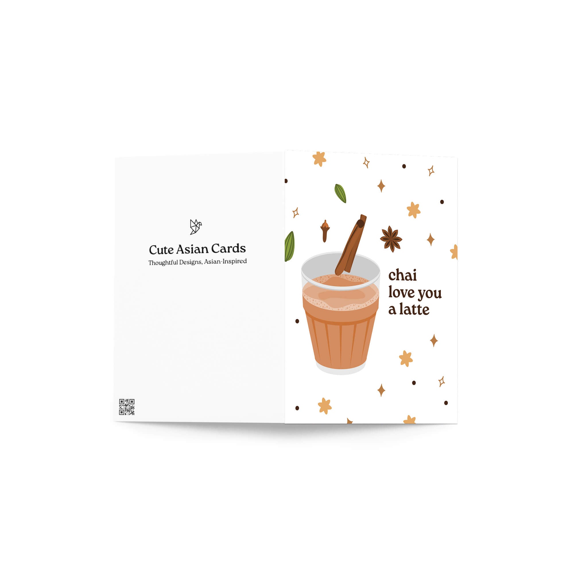 Card with a illustration of a cup of chai and text 'chai love you a latte' on a white background.