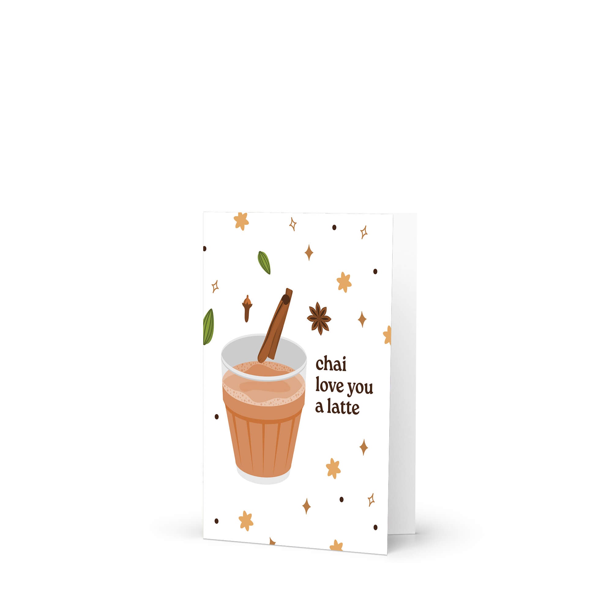 indian asian desi Greeting card with a cup of chai, cinnamon stick, and decorative elements on a white background.