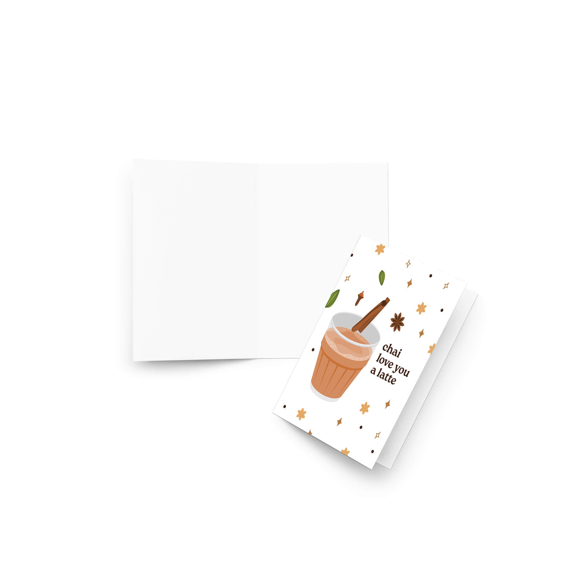 indian asian desi Greeting card with a cup of chai, cinnamon stick, and decorative elements on a white background.