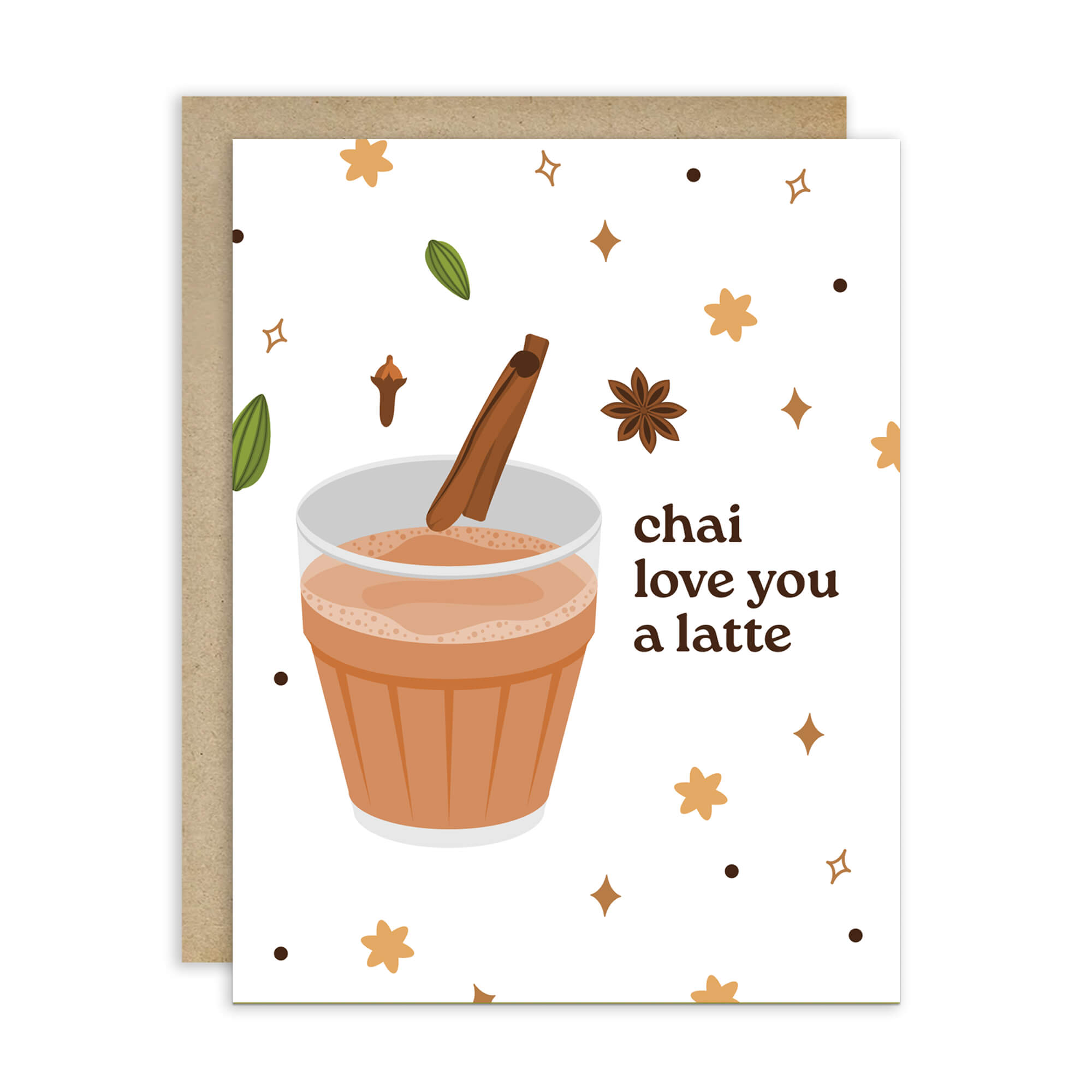 indian asian desi Greeting card with a cup of chai, cinnamon stick, and decorative elements on a white background.