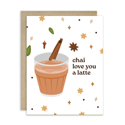 indian asian desi Greeting card with a cup of chai, cinnamon stick, and decorative elements on a white background.