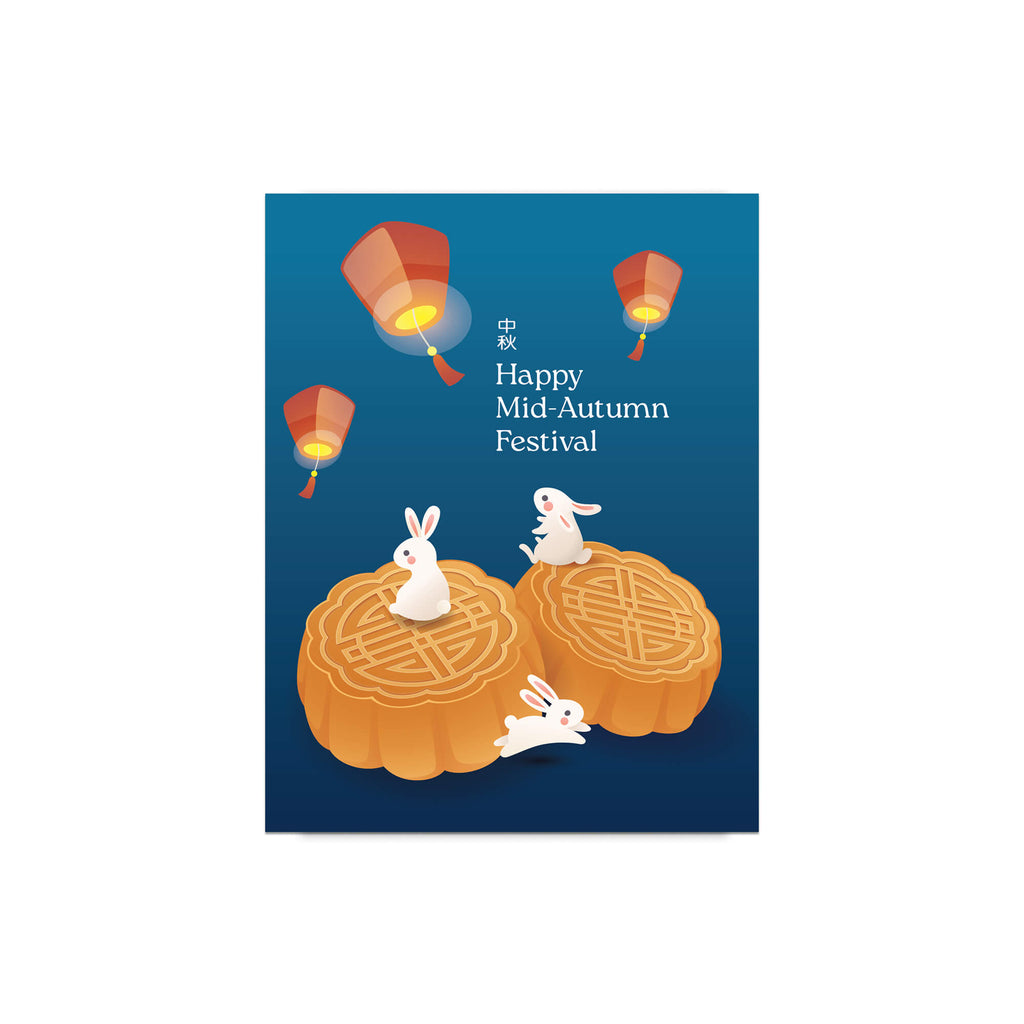 vietnamese greeting Card for Mid-Autumn Festival with mooncakes, rabbits, and lanterns on a blue background.