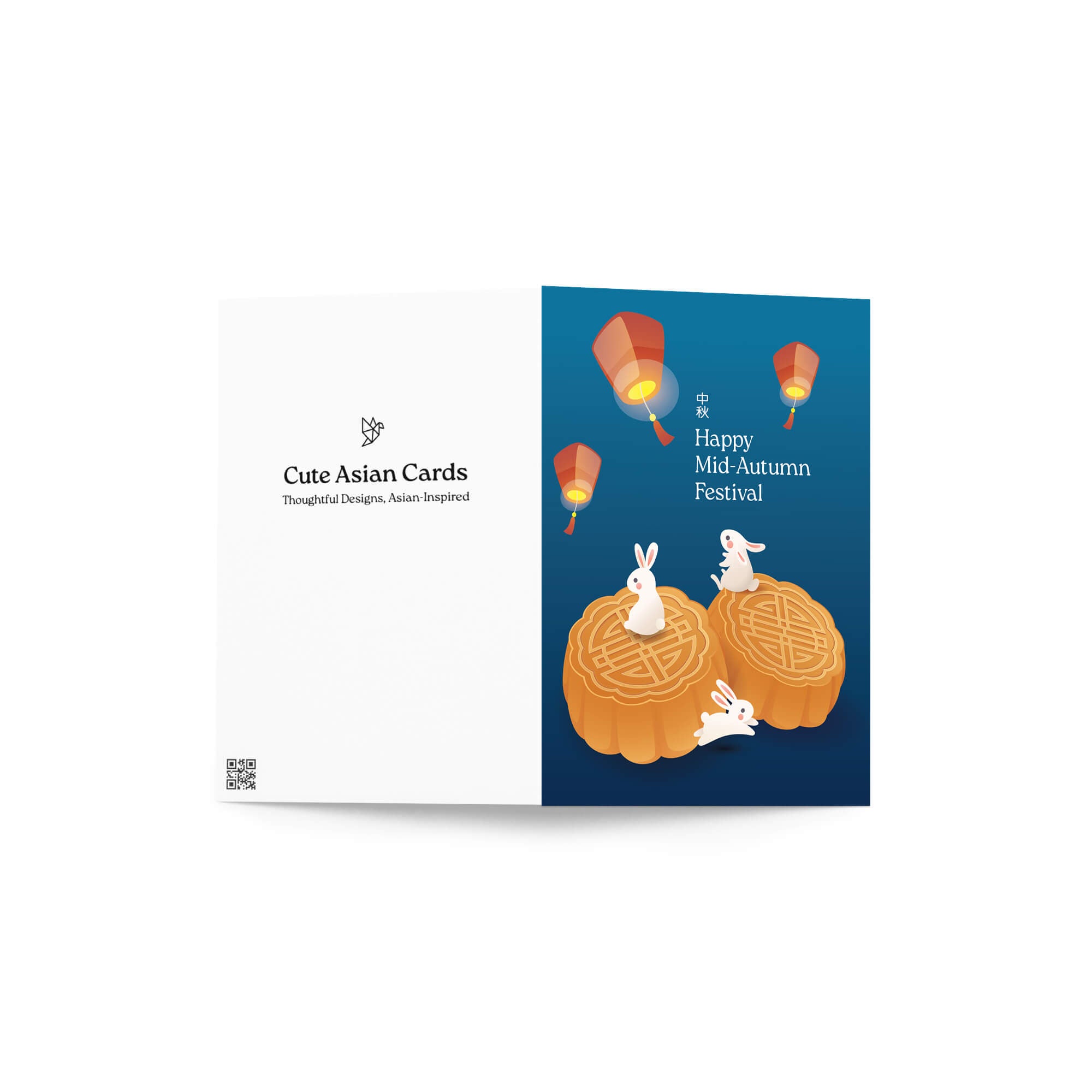 cute kawaii asisan greeting Card with mooncakes and rabbits for Mid-Autumn Festival on a blue background