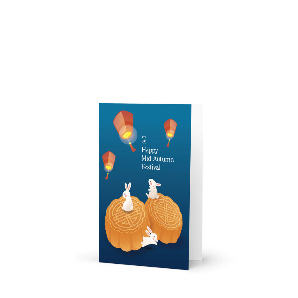 moon cake festival Greeting card for Happy Mid-Autumn Festival with rabbits, mooncakes, and lanterns on a blue background.