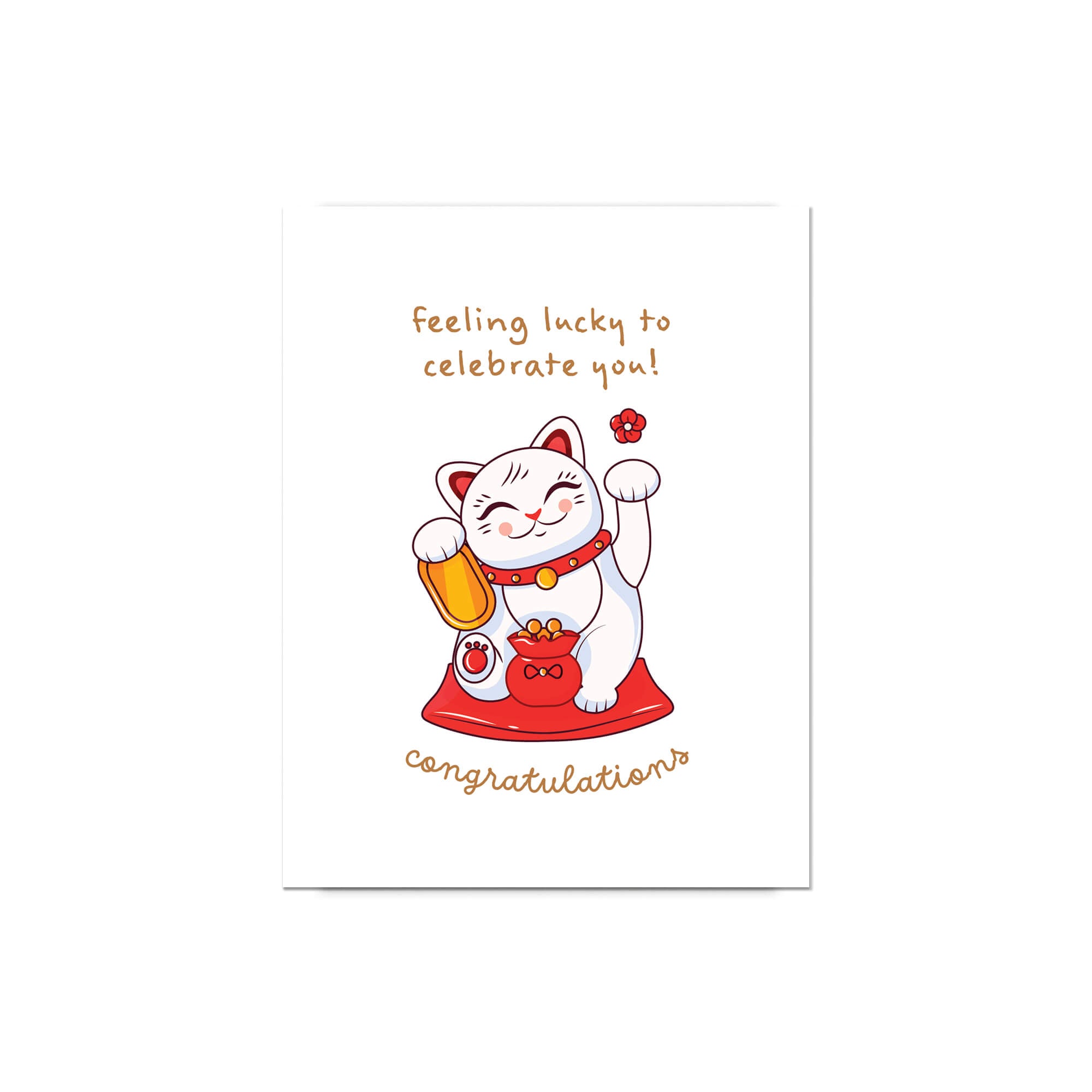 Greeting card with a japanese maneki neko lucky cat illustration and text on a white background that says "feeling lucky to celebrate you. congrats!"