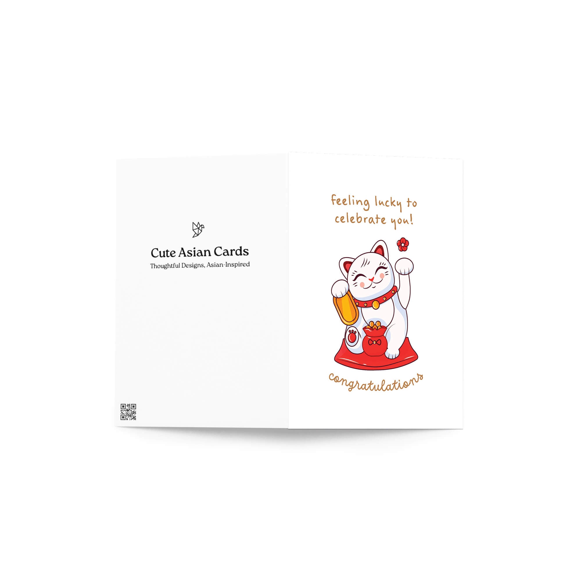Greeting card with a japanese maneki neko lucky cat illustration and text on a white background that says "feeling lucky to celebrate you. congrats!"