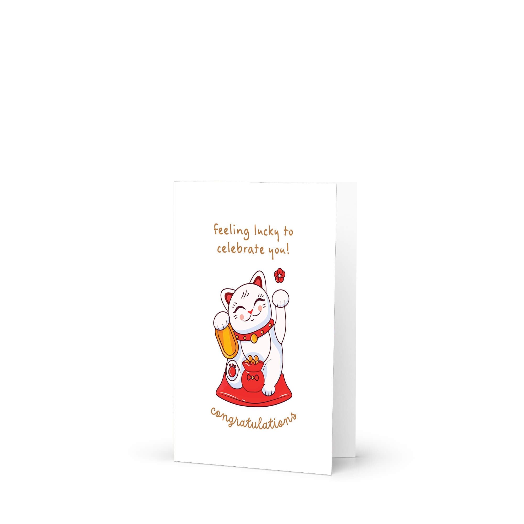 Greeting card with a japanese maneki neko lucky cat illustration and text on a white background that says "feeling lucky to celebrate you. congrats!"