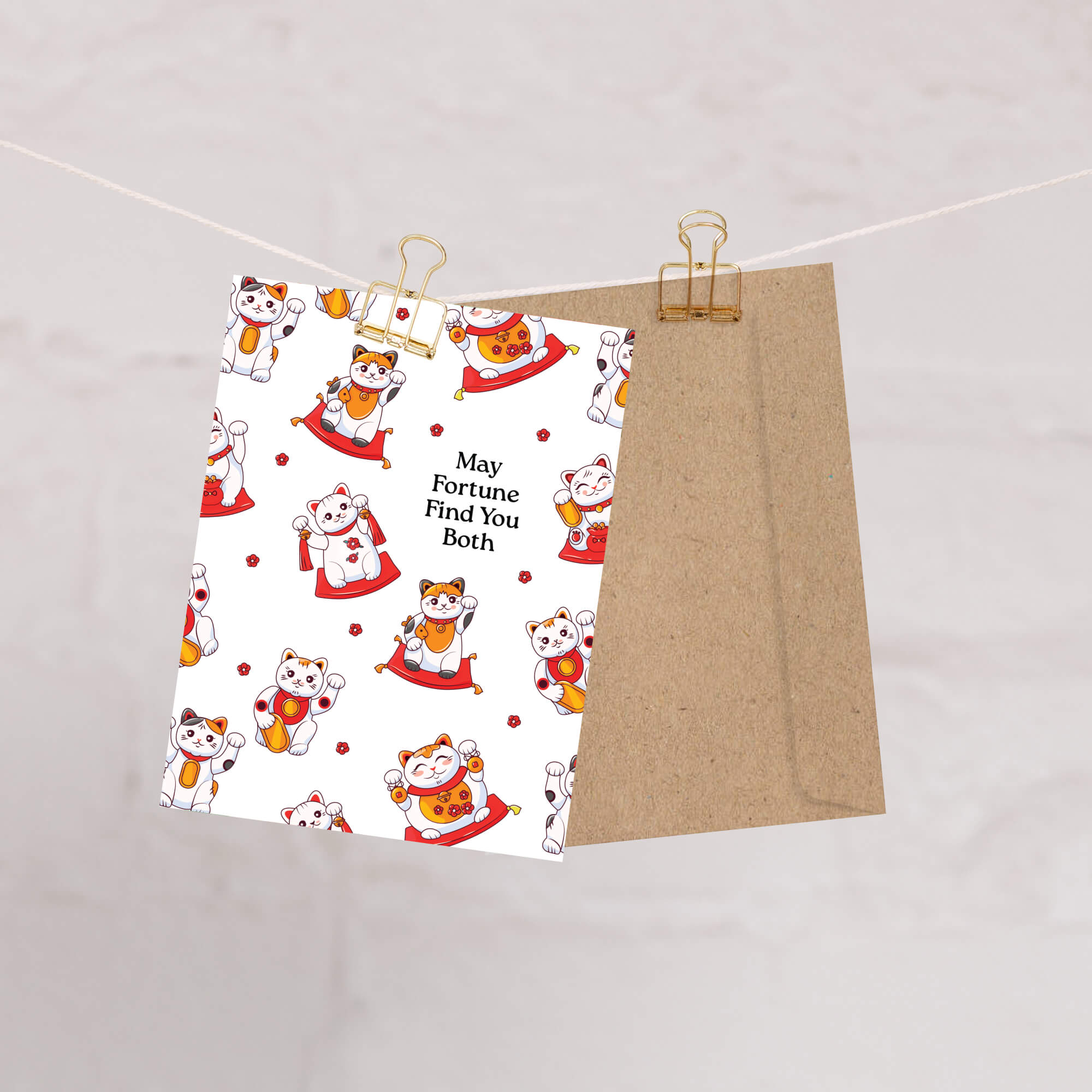 asian wedding Greeting card with maneki-neko cats and text 'May Fortune Find You Both' on a white background.